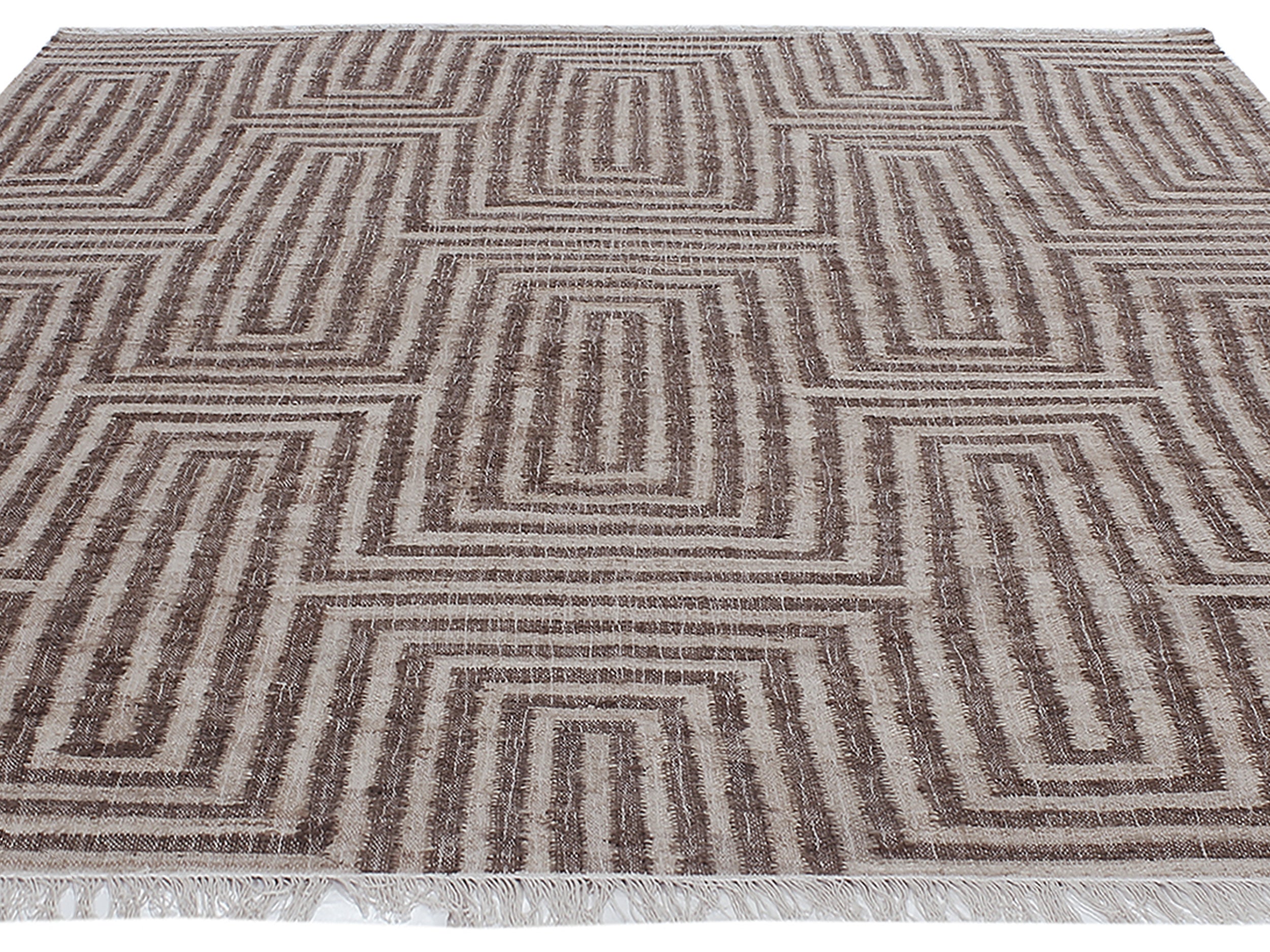 Bold Geometric Wool Rug in Chestnut and Ivory with Maze-Inspired Pattern