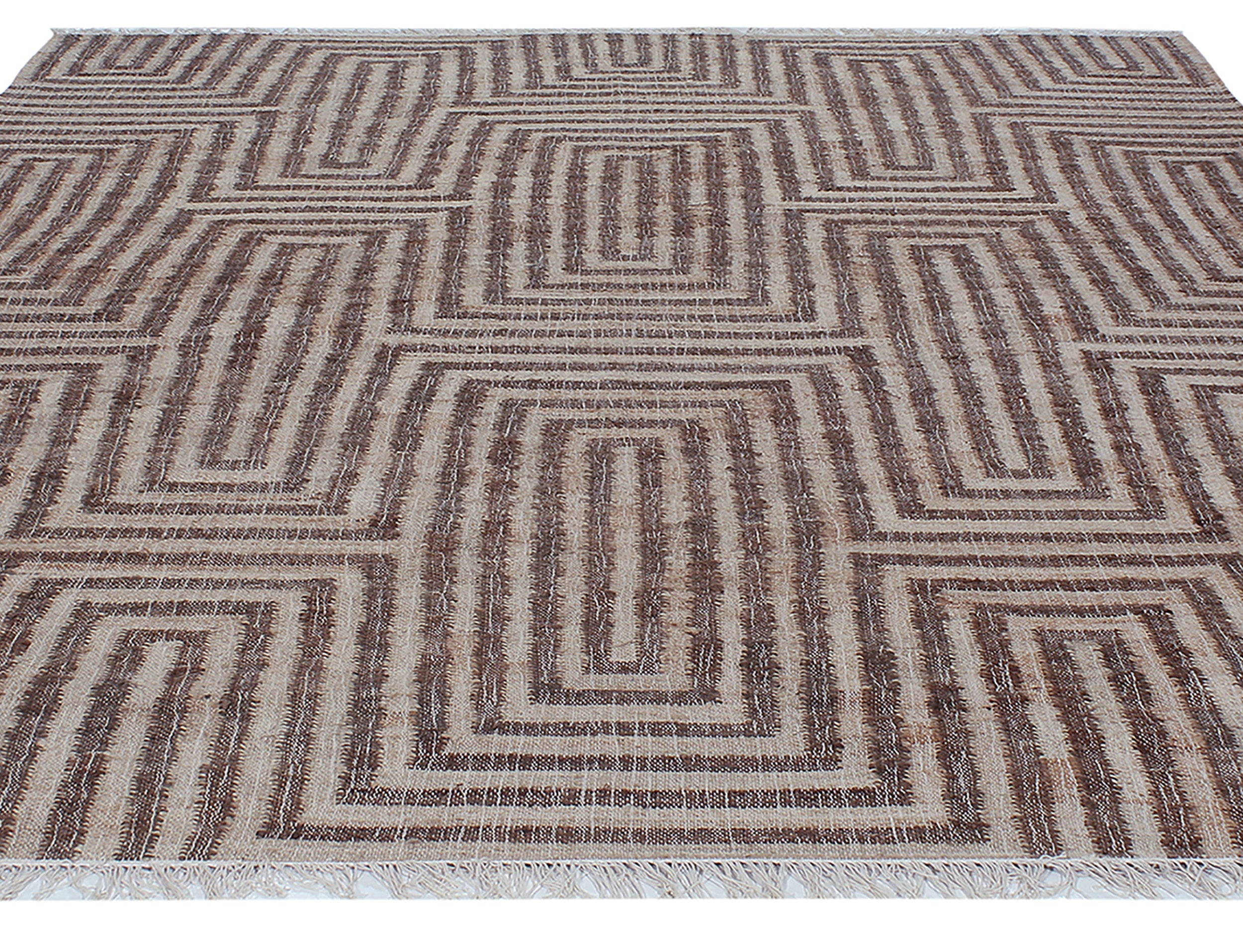 Bold Geometric Wool Rug in Chestnut and Ivory with Maze-Inspired Pattern
