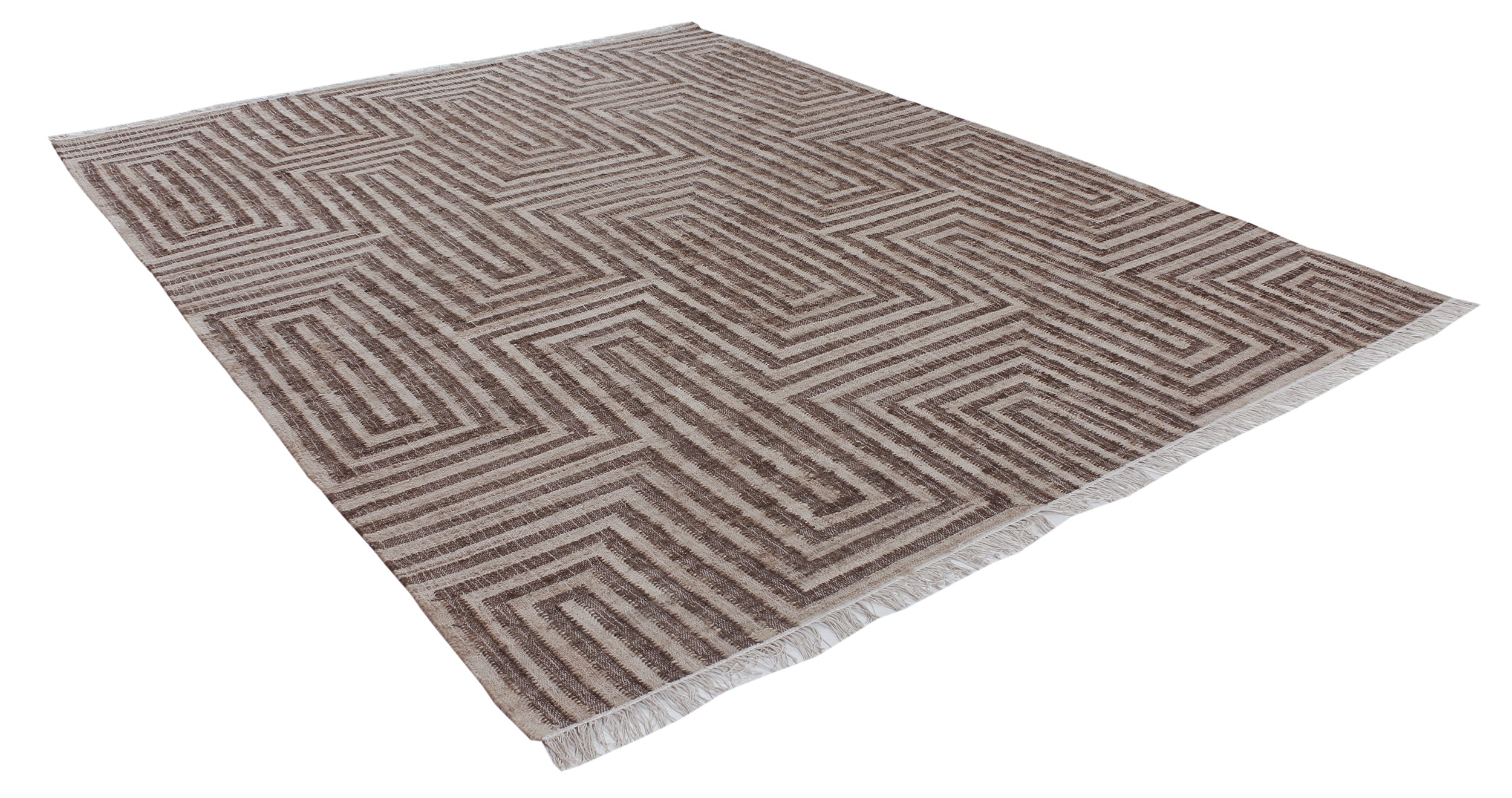 Bold Geometric Wool Rug in Chestnut and Ivory with Maze-Inspired Pattern