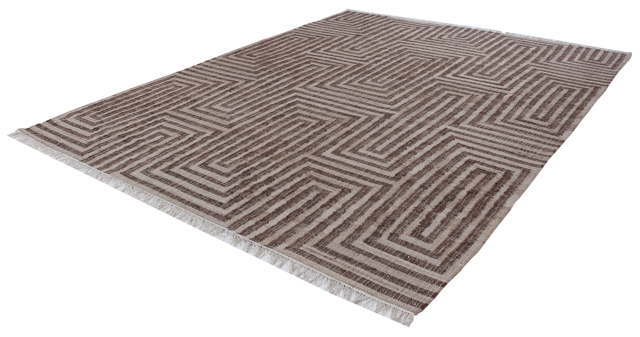 Bold Geometric Wool Rug in Chestnut and Ivory with Maze-Inspired Pattern