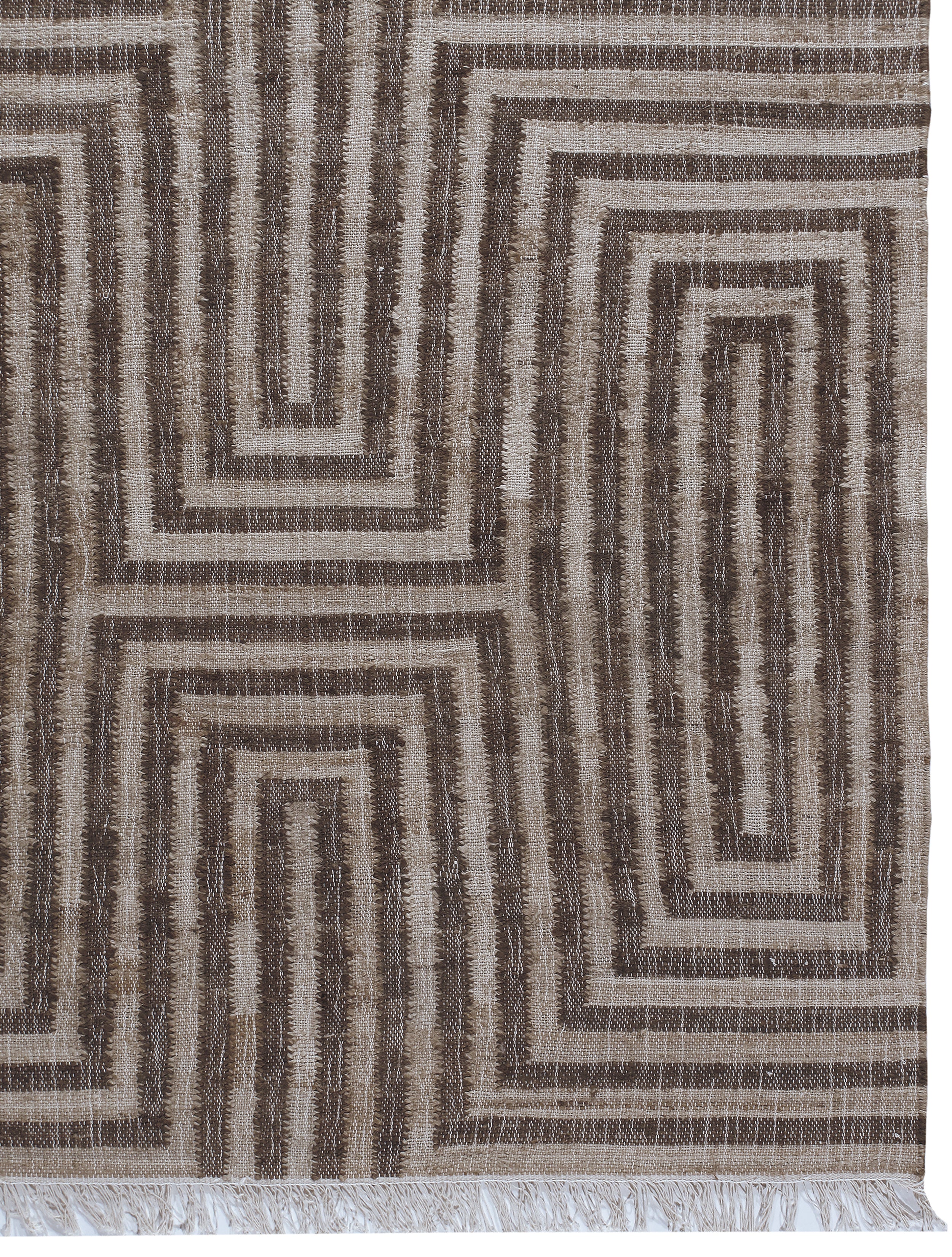 Bold Geometric Wool Rug in Chestnut and Ivory with Maze-Inspired Pattern
