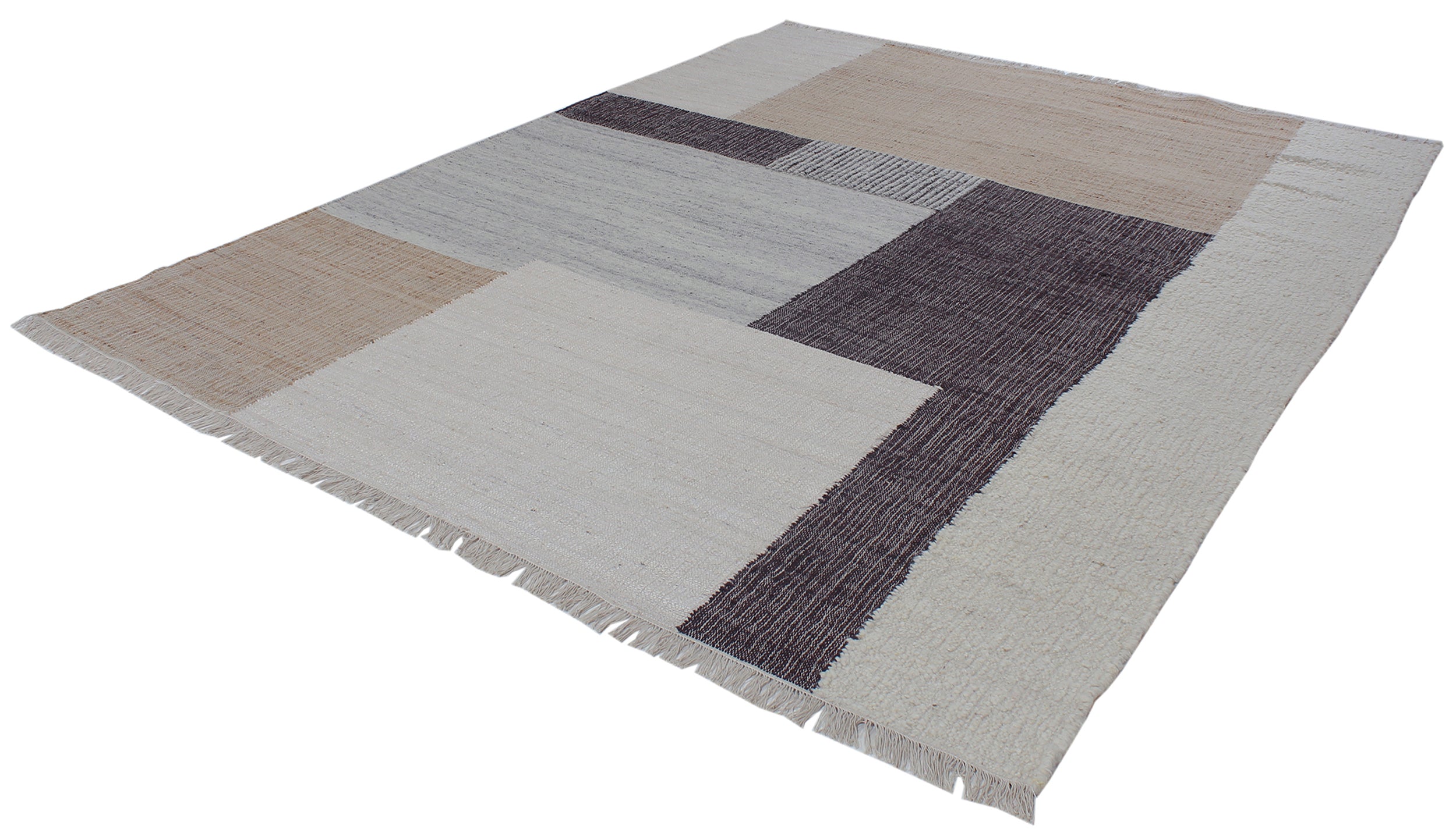 Modern Colorblock Flatweave Rug in Ivory, Charcoal, and Sandstone