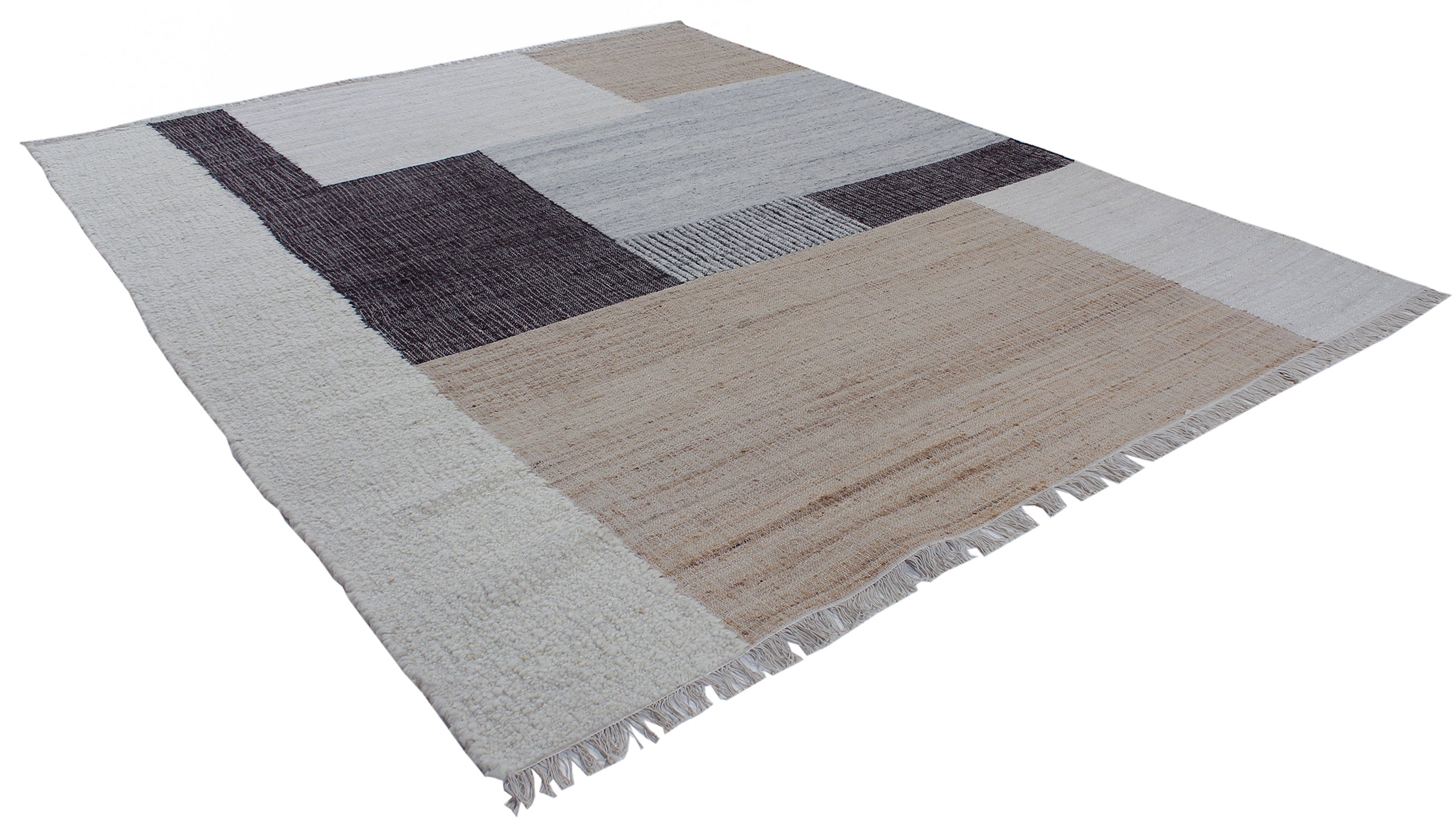 Modern Colorblock Flatweave Rug in Ivory, Charcoal, and Sandstone