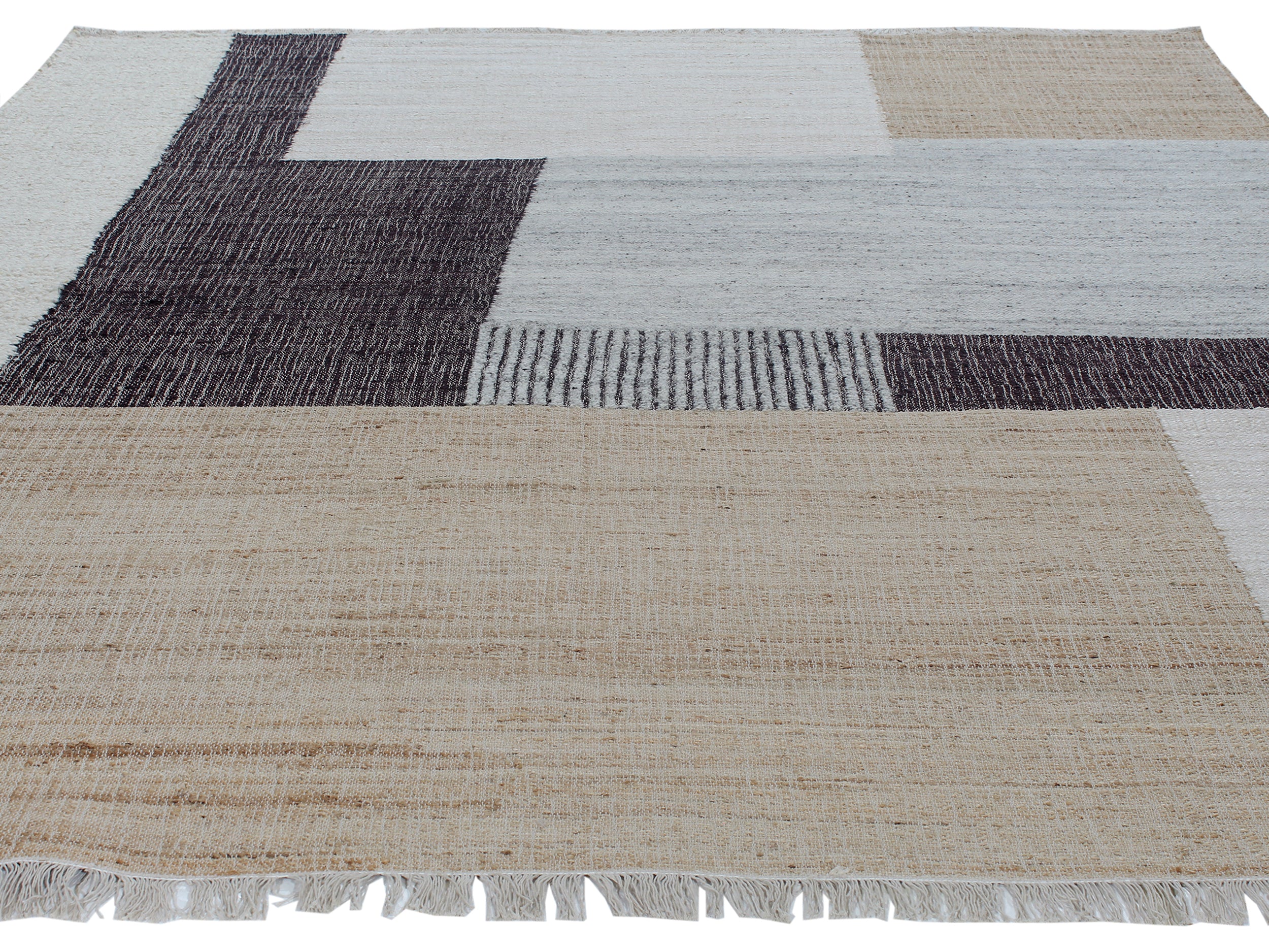 Modern Colorblock Flatweave Rug in Ivory, Charcoal, and Sandstone