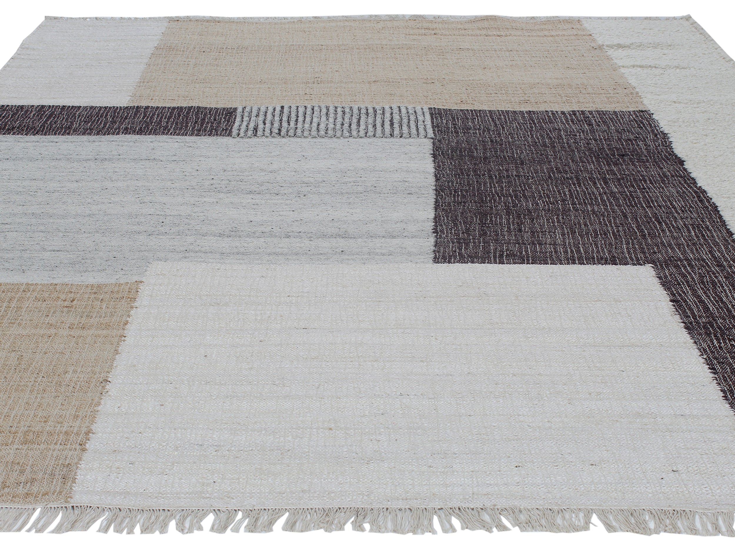 Modern Colorblock Flatweave Rug in Ivory, Charcoal, and Sandstone