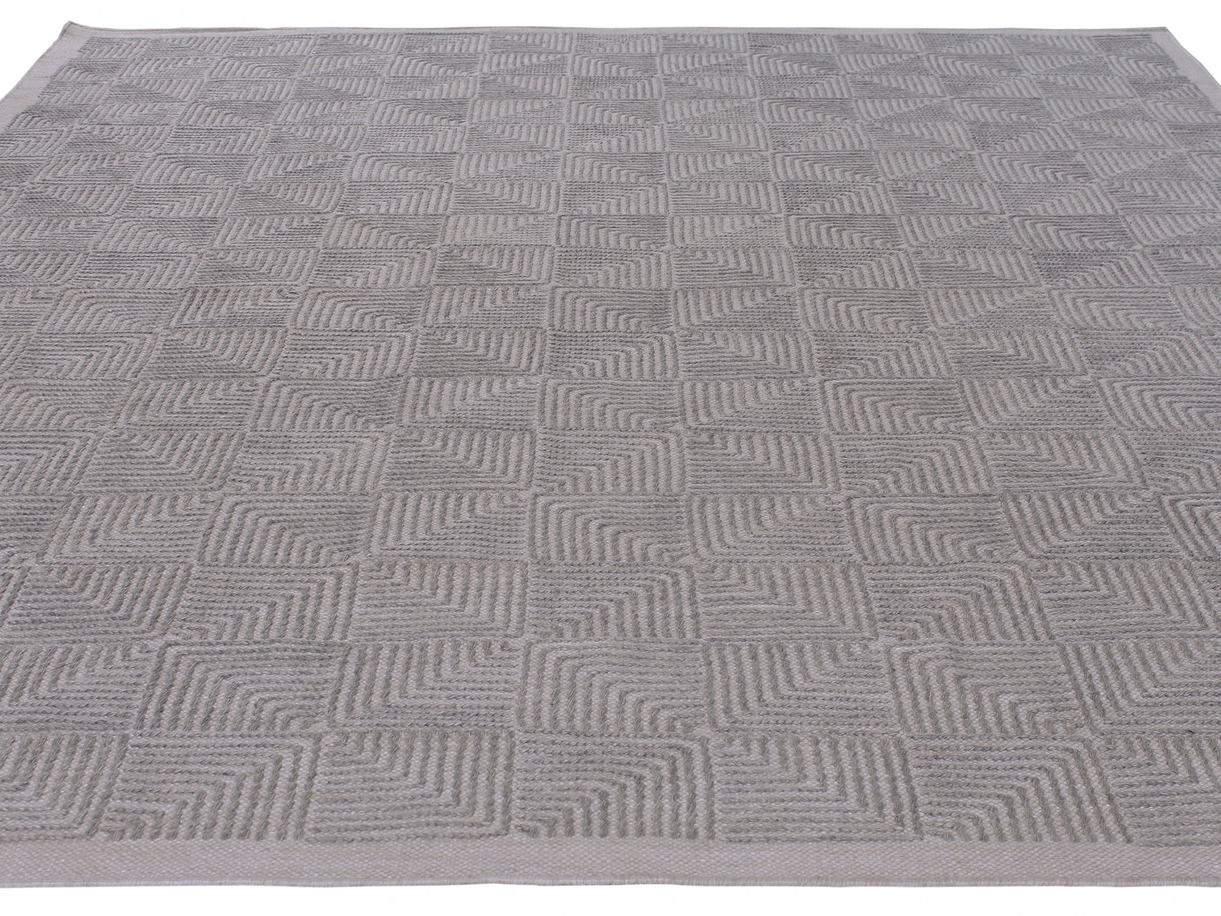 Geometric Wool Rug in Slate Grey with Embossed Spiral Square Pattern