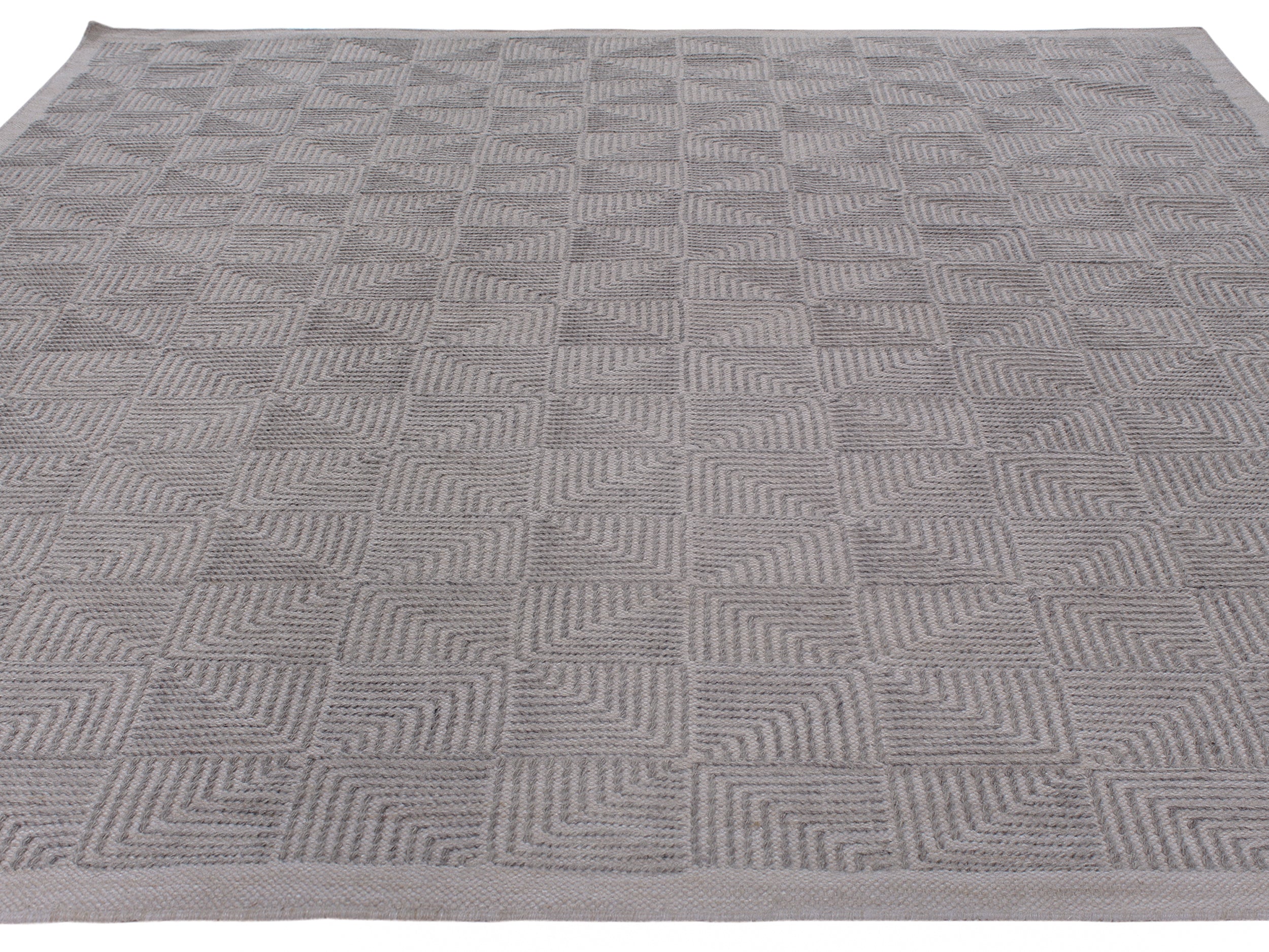 Geometric Wool Rug in Slate Grey with Embossed Spiral Square Pattern