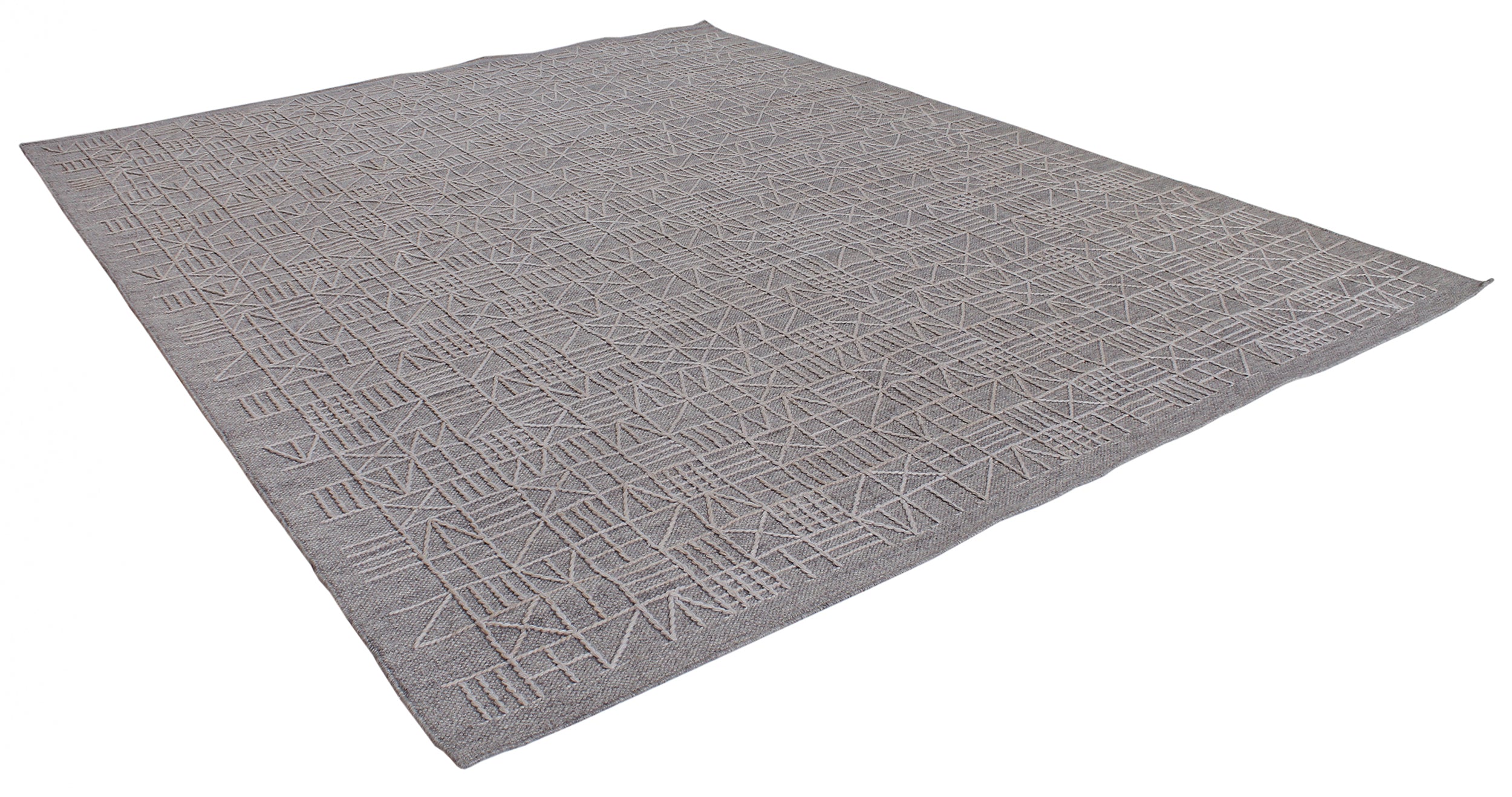 Contemporary Geometric Wool Rug in Graphite Grey with Etched Grid Motif