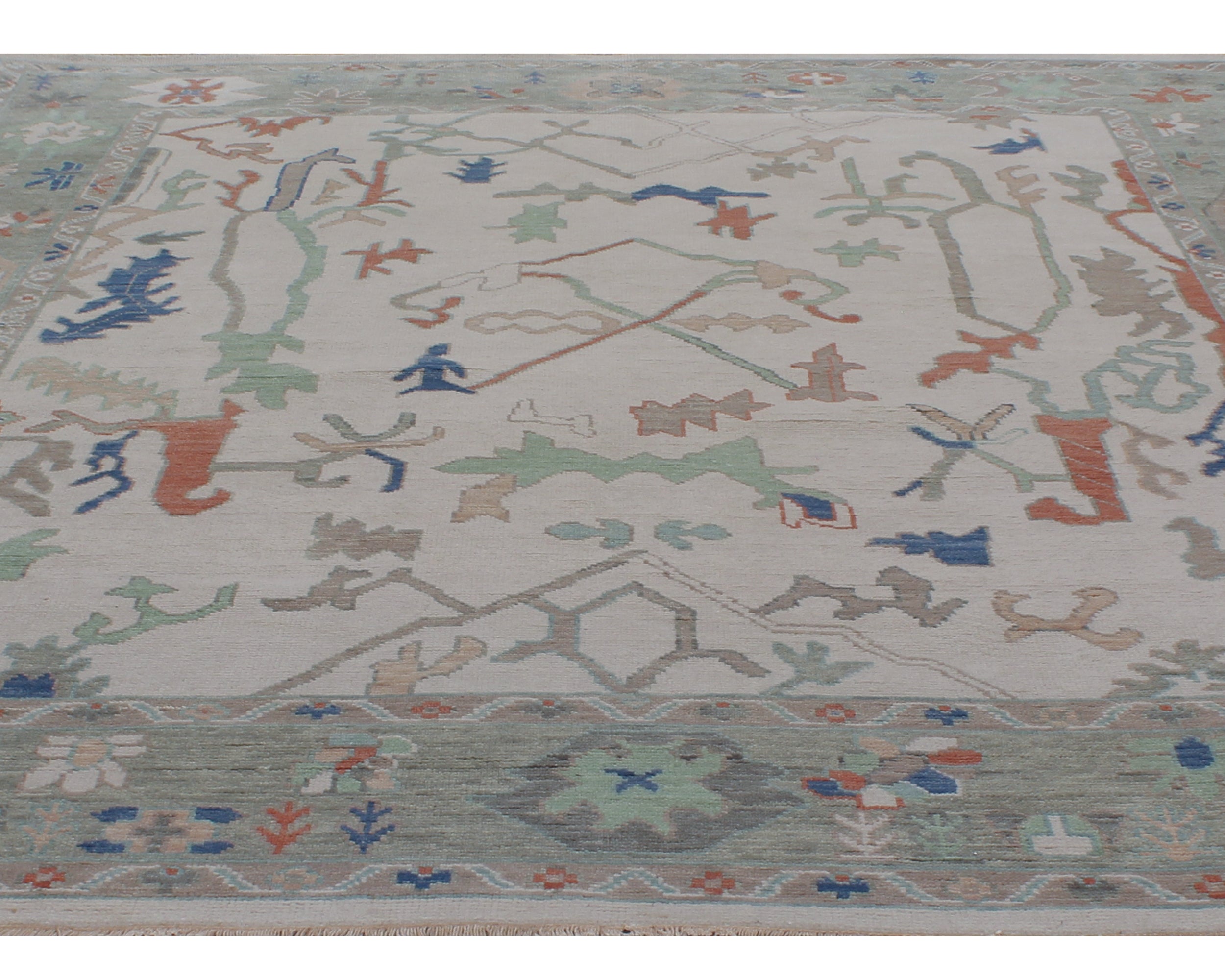 Oushak-Inspired Hand-Knotted Rug in Sage Green and Burnt Terracotta