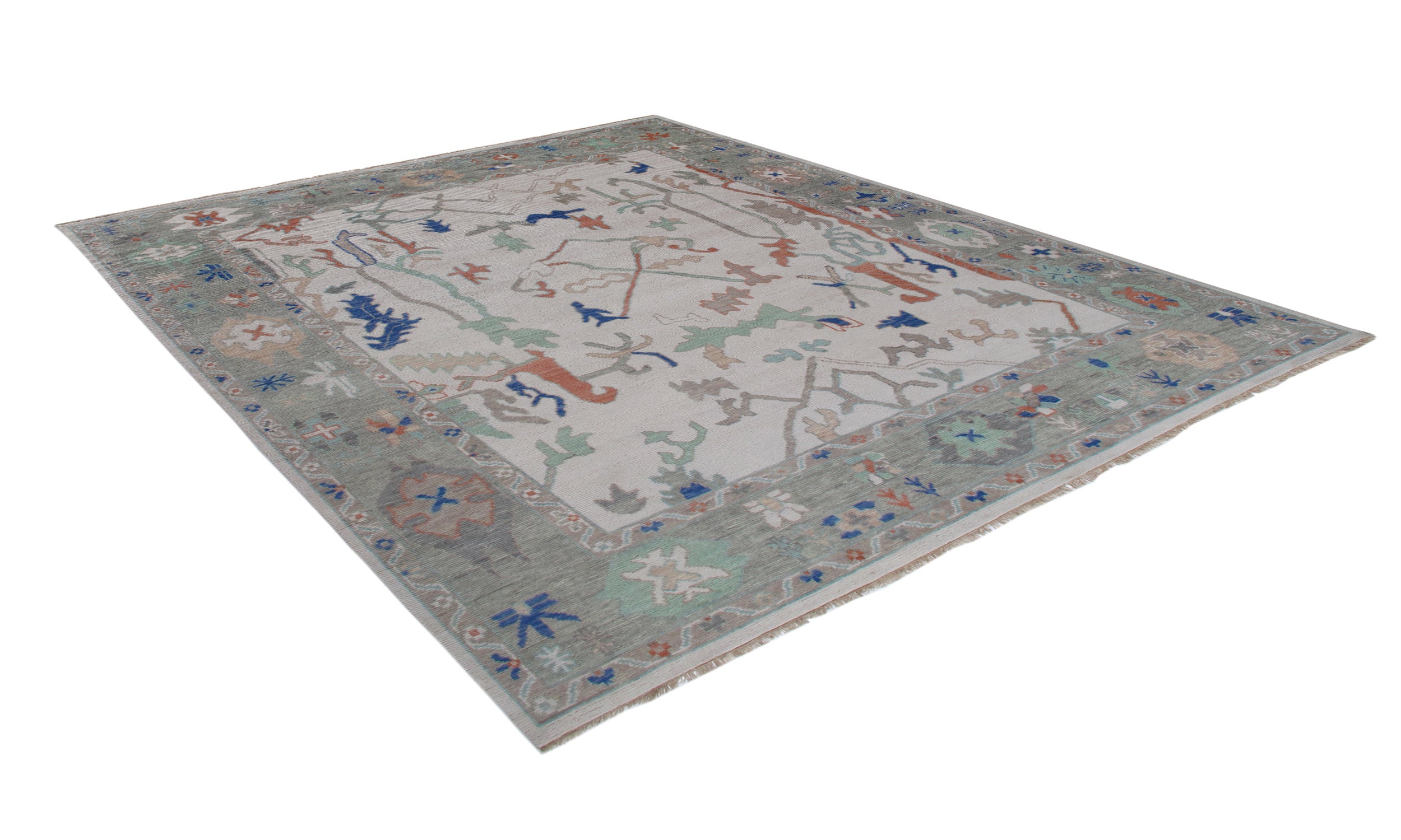 Oushak-Inspired Hand-Knotted Rug in Sage Green and Burnt Terracotta