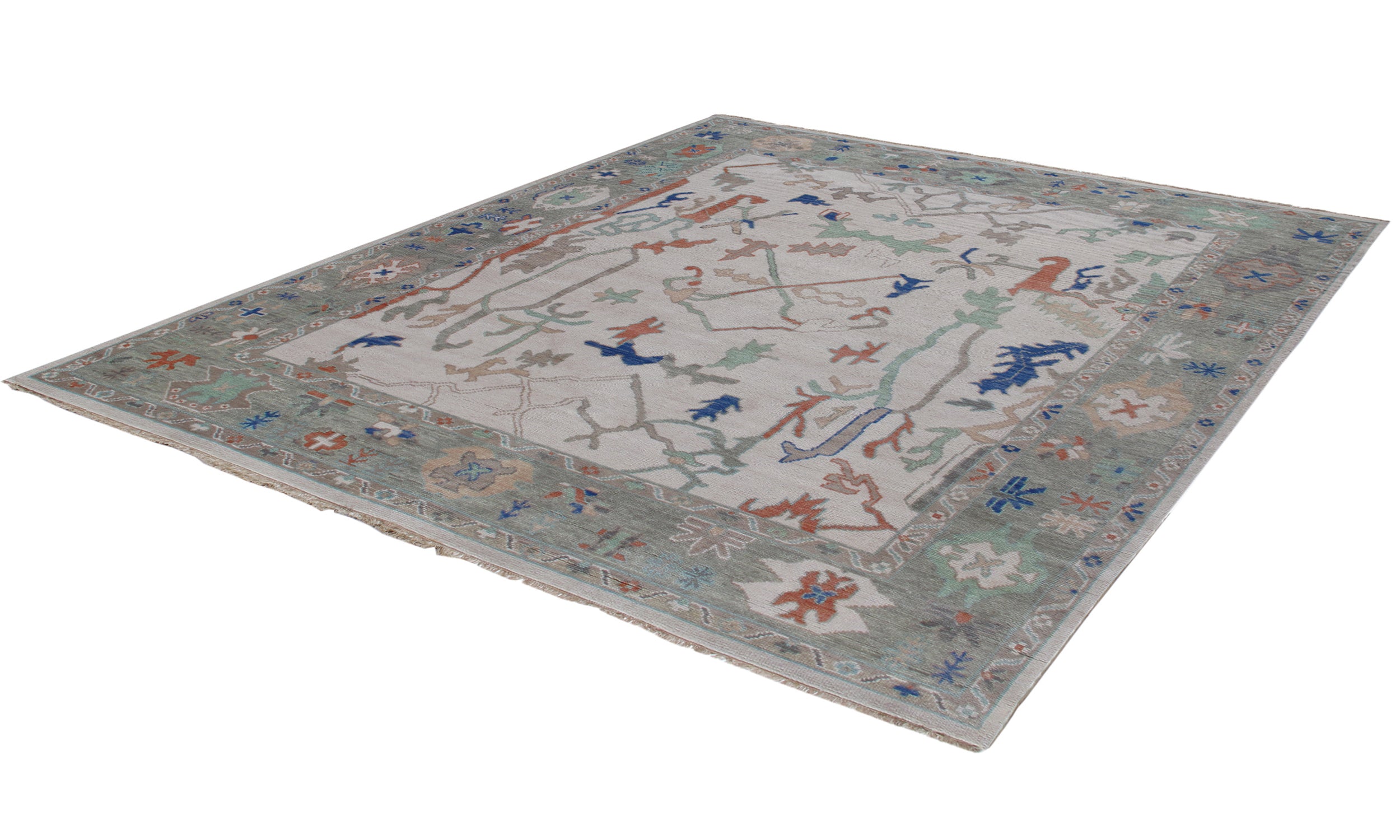 Oushak-Inspired Hand-Knotted Rug in Sage Green and Burnt Terracotta