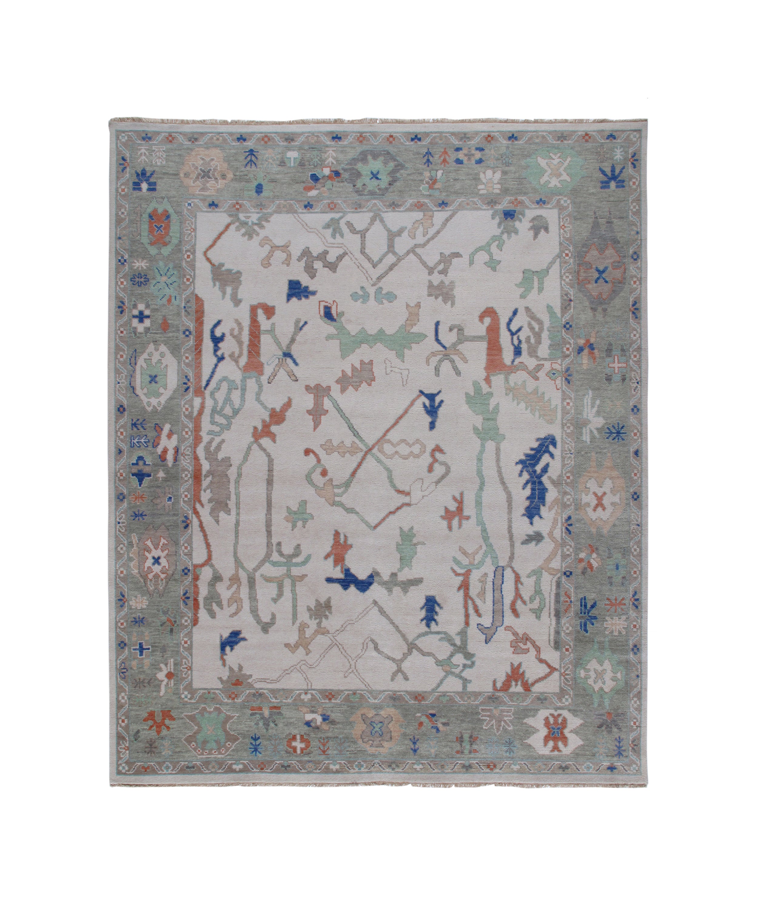 Oushak-Inspired Hand-Knotted Rug in Sage Green and Burnt Terracotta