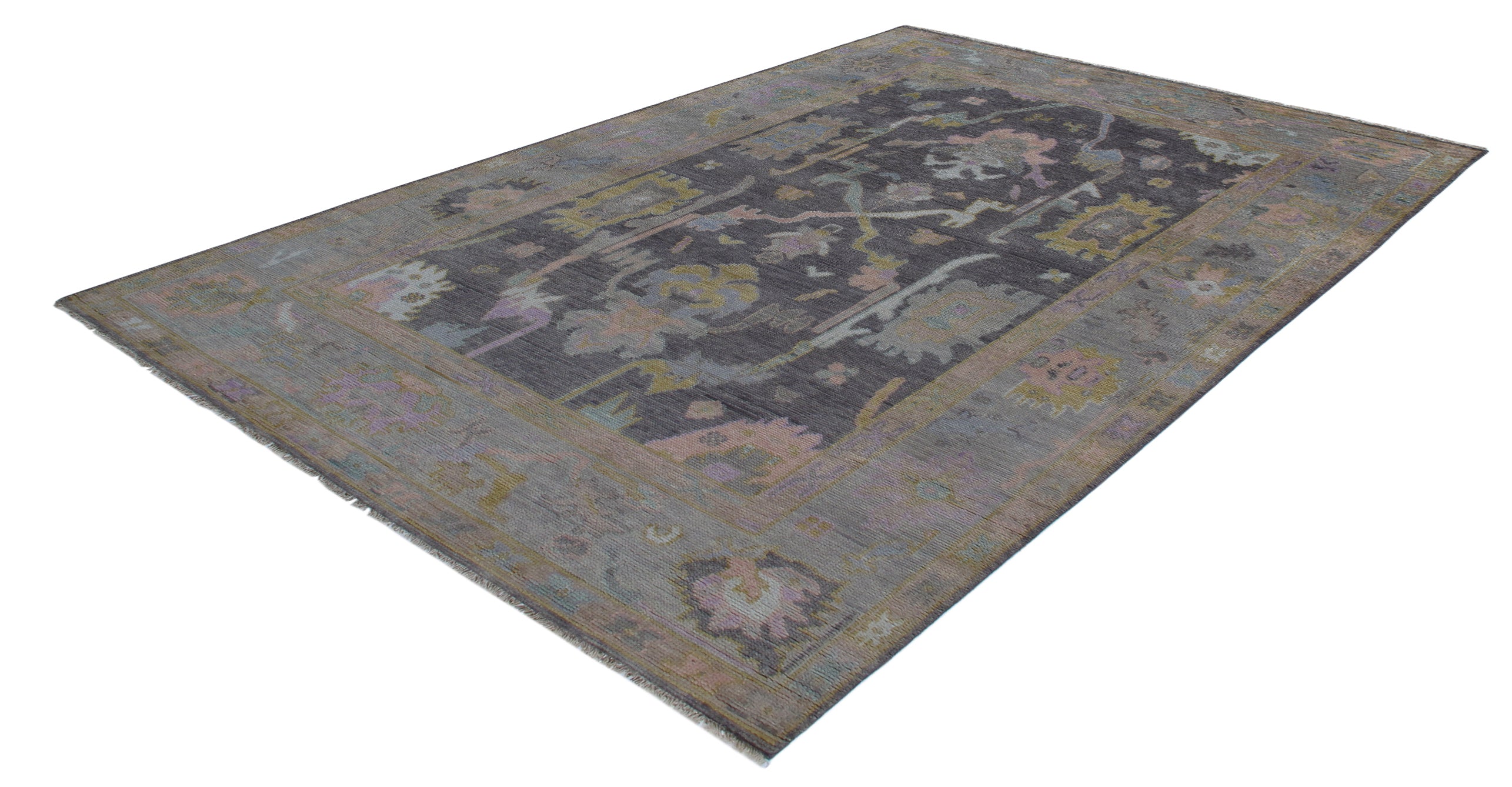 Overdyed Oushak Rug in Charcoal with Faded Jewel Tones