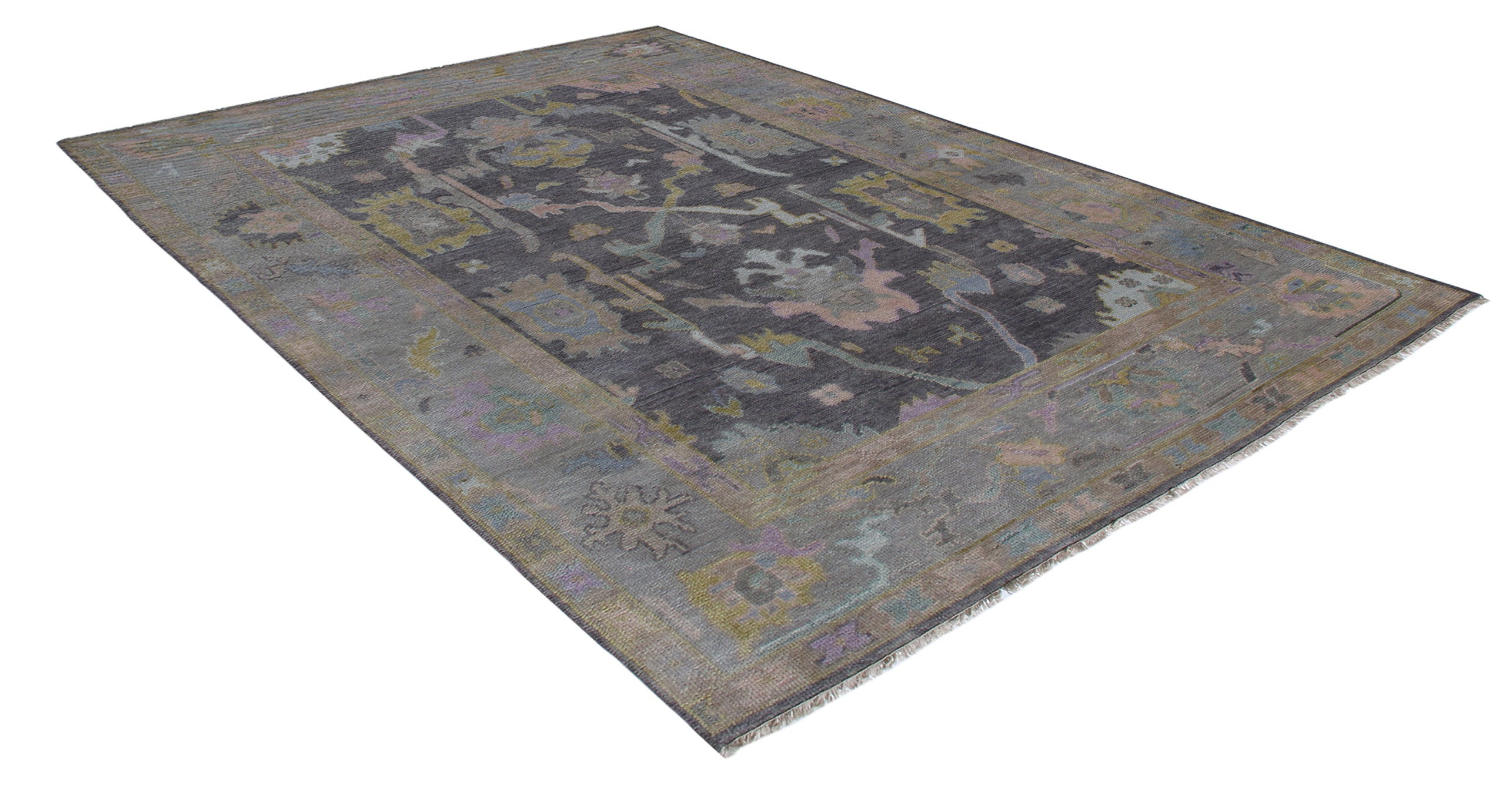 Overdyed Oushak Rug in Charcoal with Faded Jewel Tones