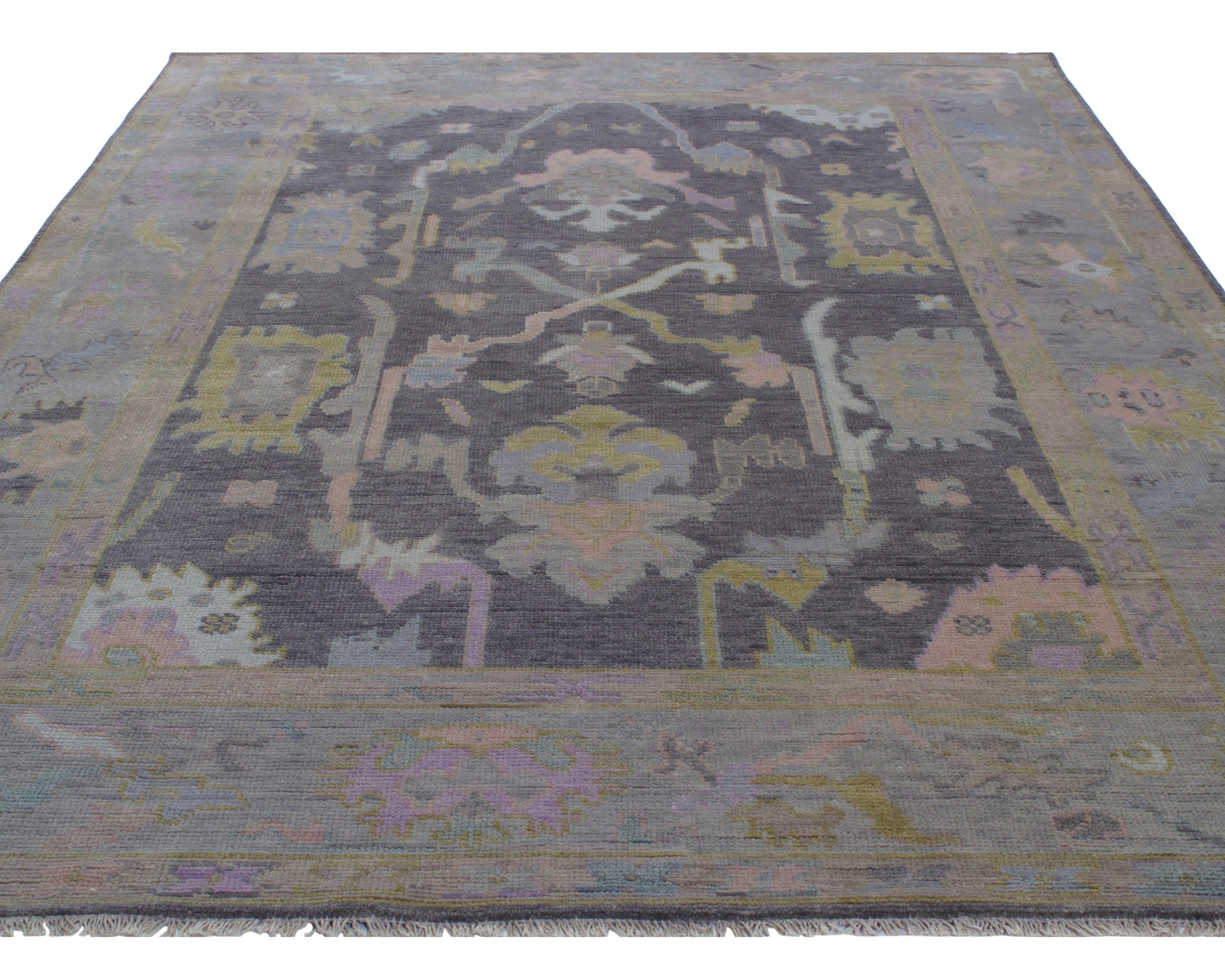 Overdyed Oushak Rug in Charcoal with Faded Jewel Tones