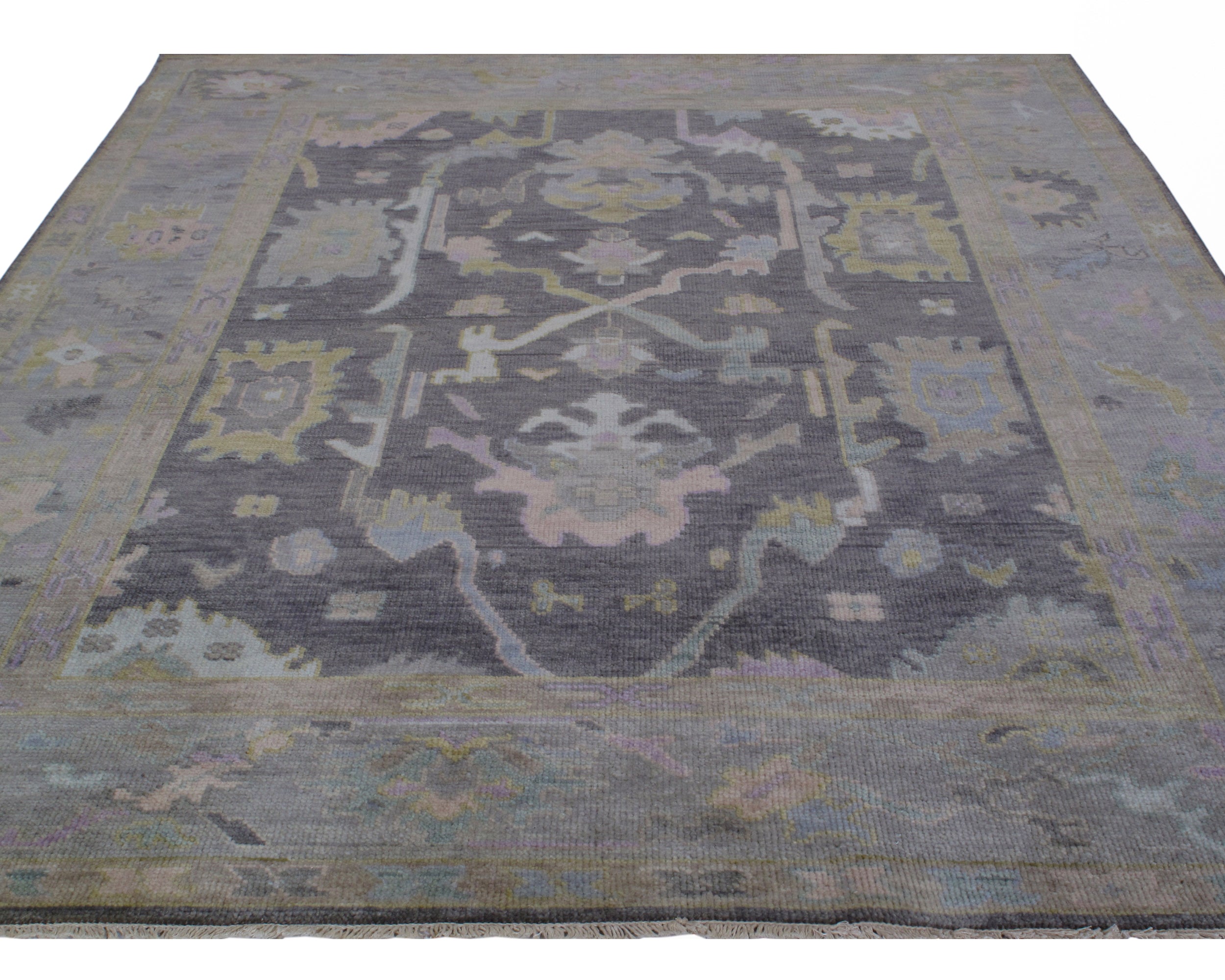 Overdyed Oushak Rug in Charcoal with Faded Jewel Tones