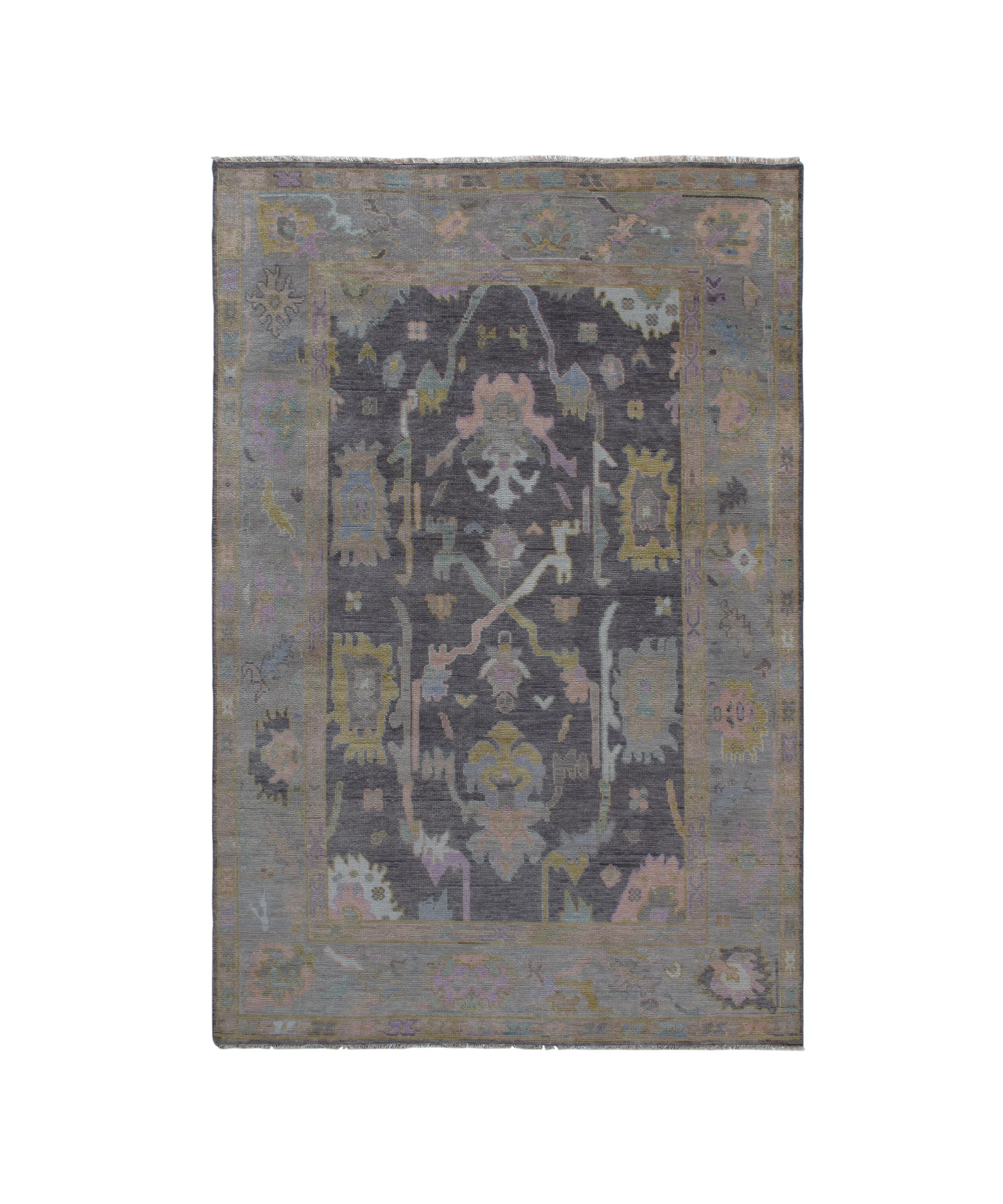 Overdyed Oushak Rug in Charcoal with Faded Jewel Tones