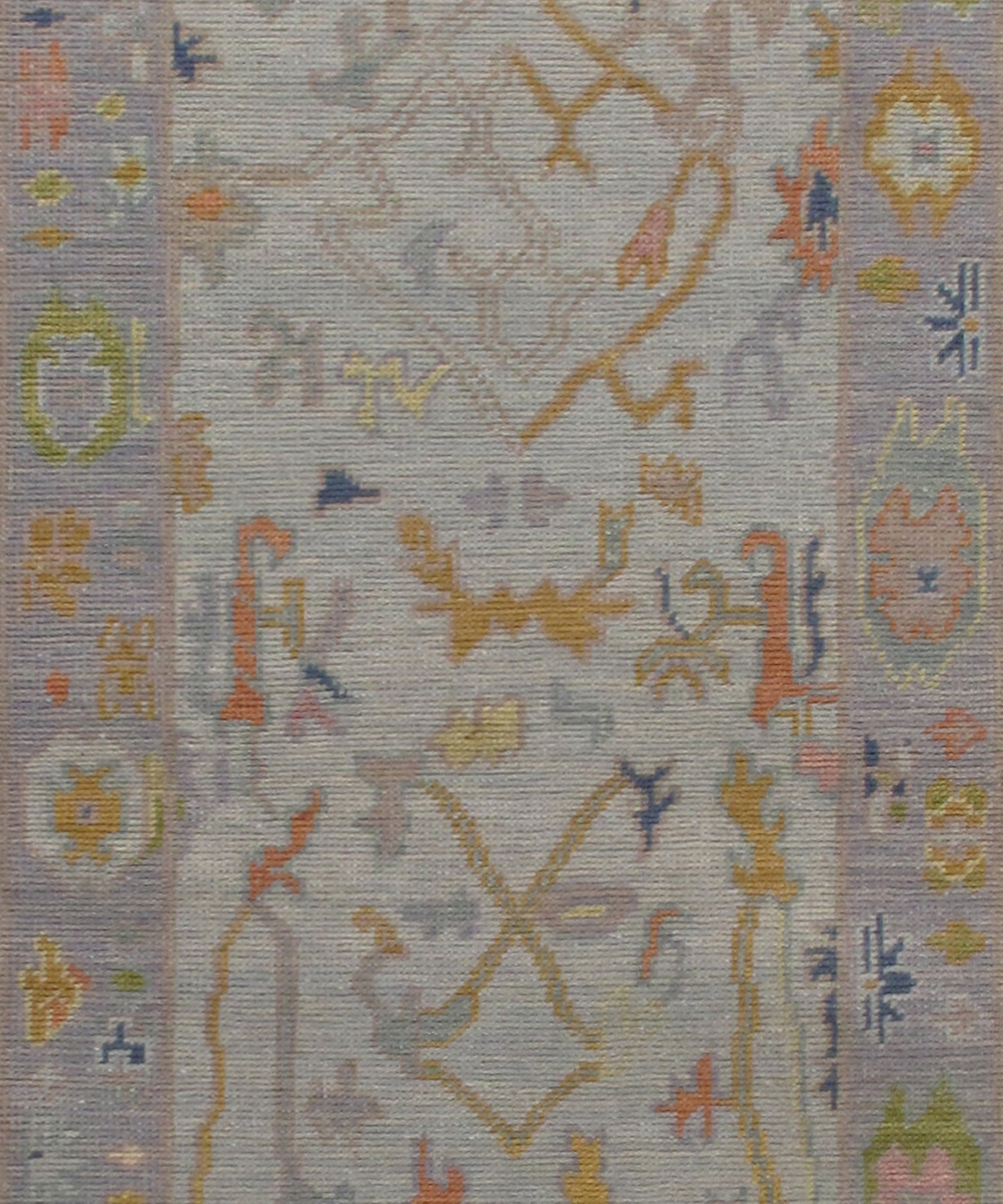 Hand-Knotted Oushak Runner in Mist Grey with Golden and Coral Accents