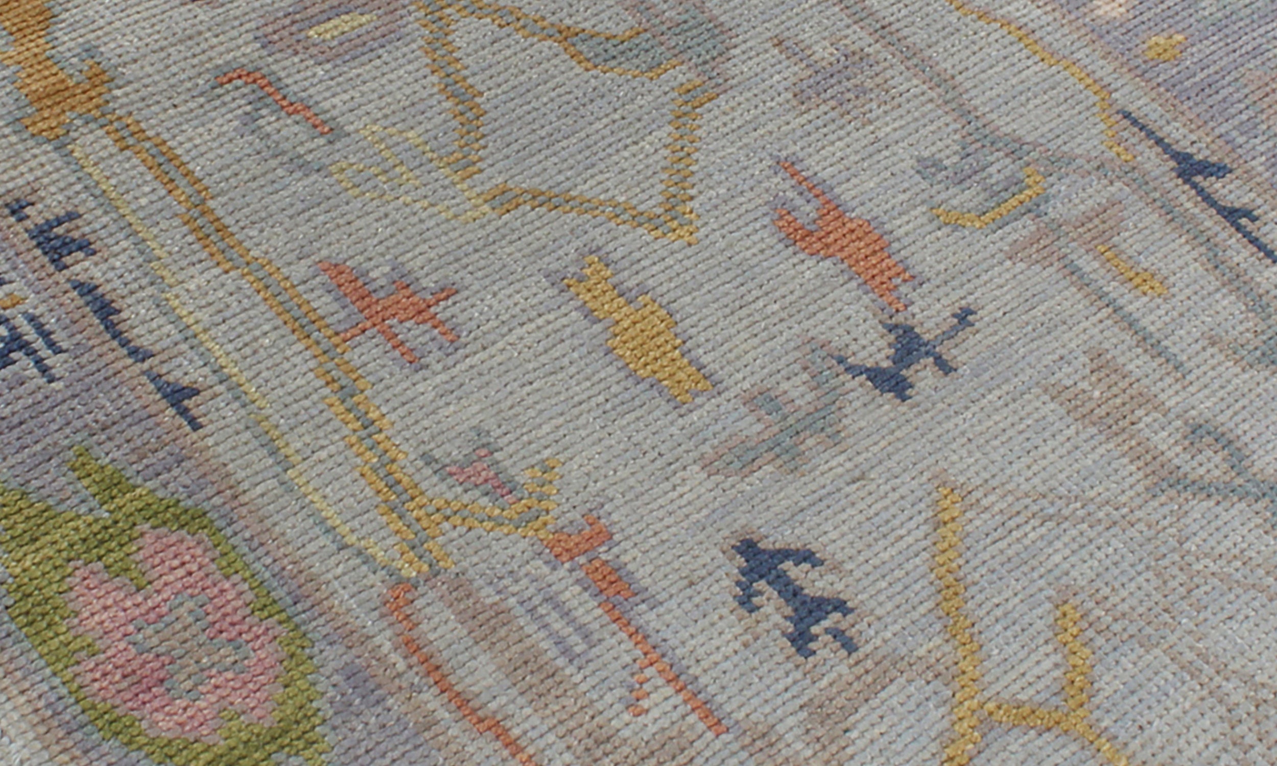 Hand-Knotted Oushak Runner in Mist Grey with Golden and Coral Accents