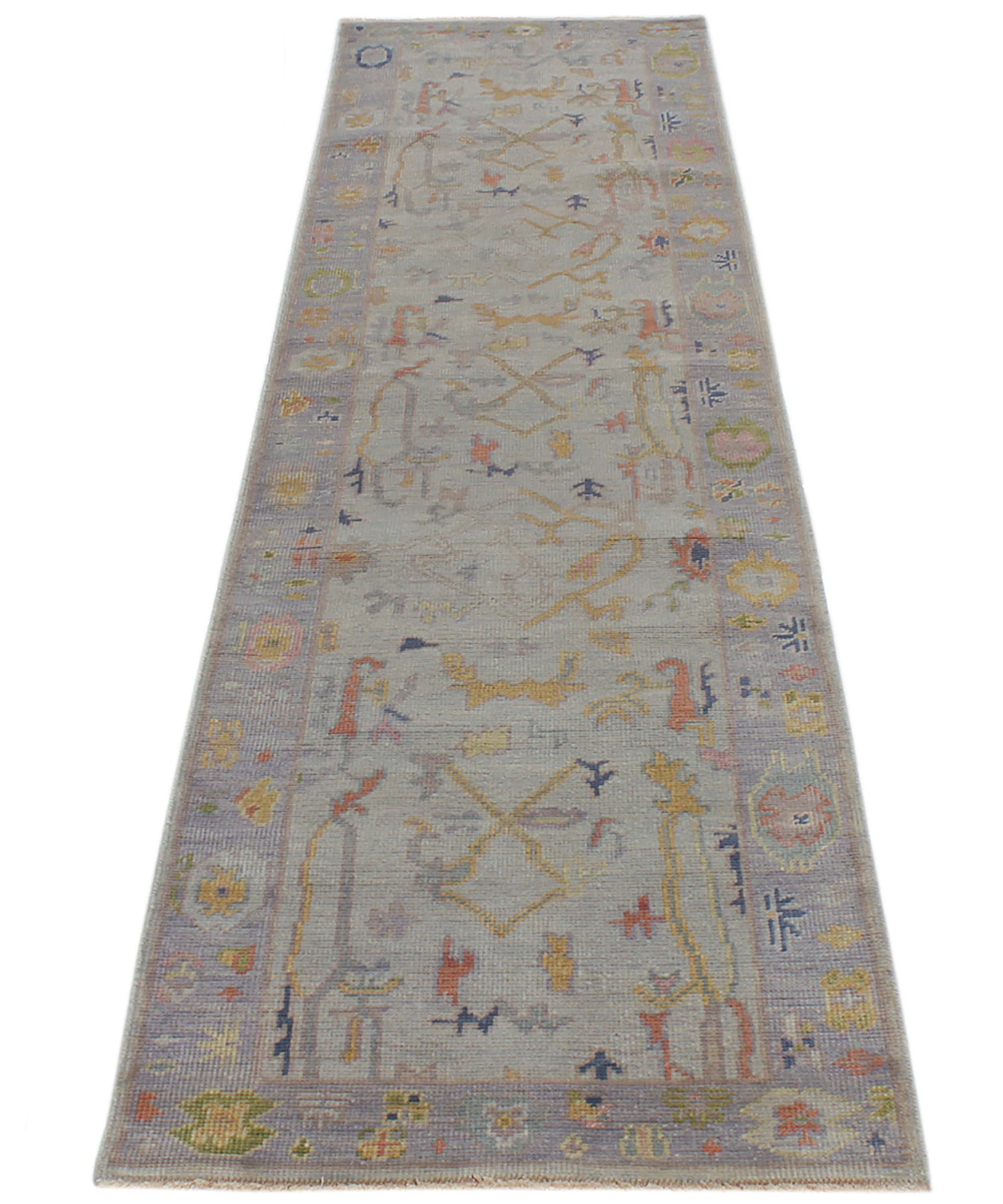 Hand-Knotted Oushak Runner in Mist Grey with Golden and Coral Accents