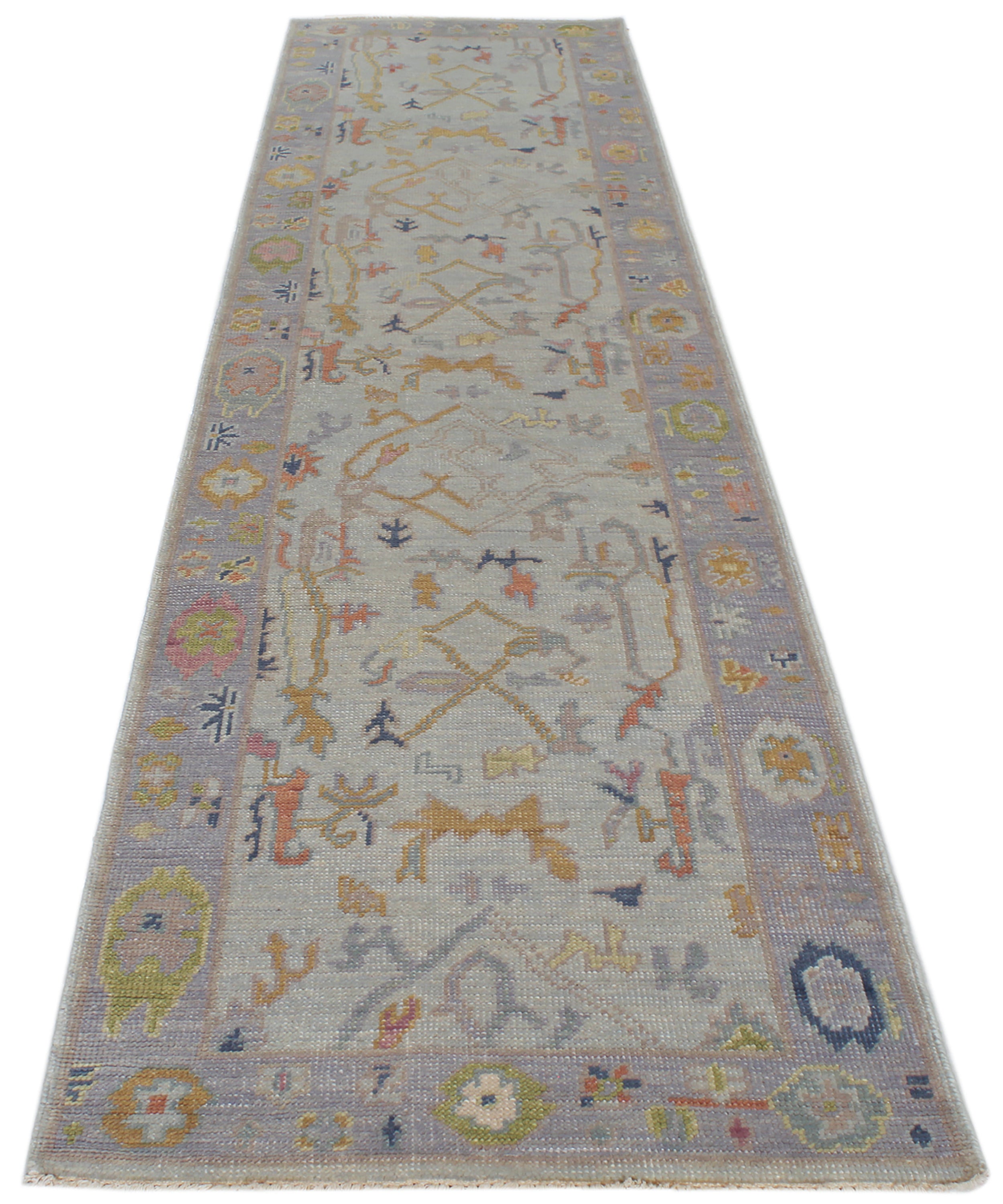 Hand-Knotted Oushak Runner in Mist Grey with Golden and Coral Accents