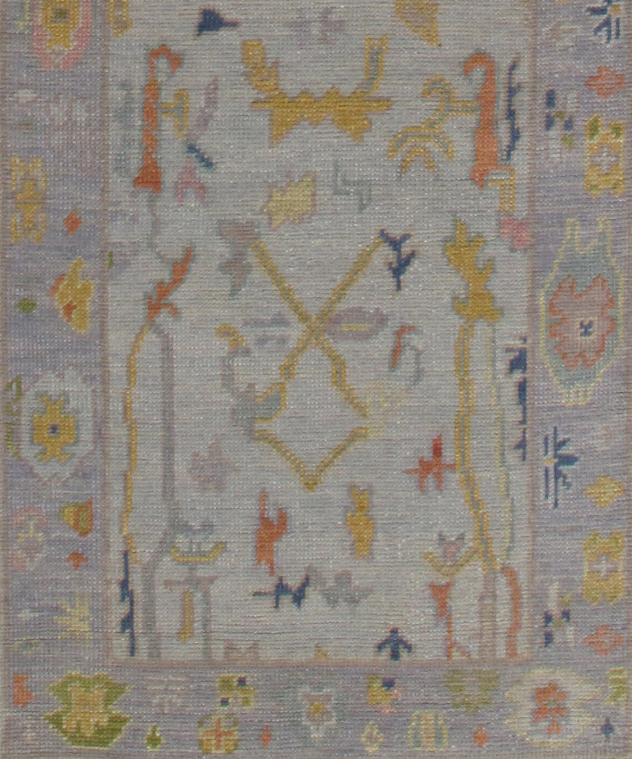Hand-Knotted Oushak Runner in Mist Grey with Golden and Coral Accents