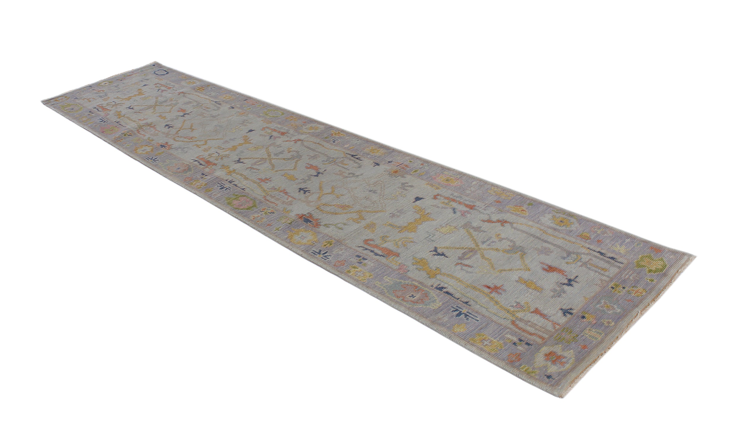 Hand-Knotted Oushak Runner in Mist Grey with Golden and Coral Accents