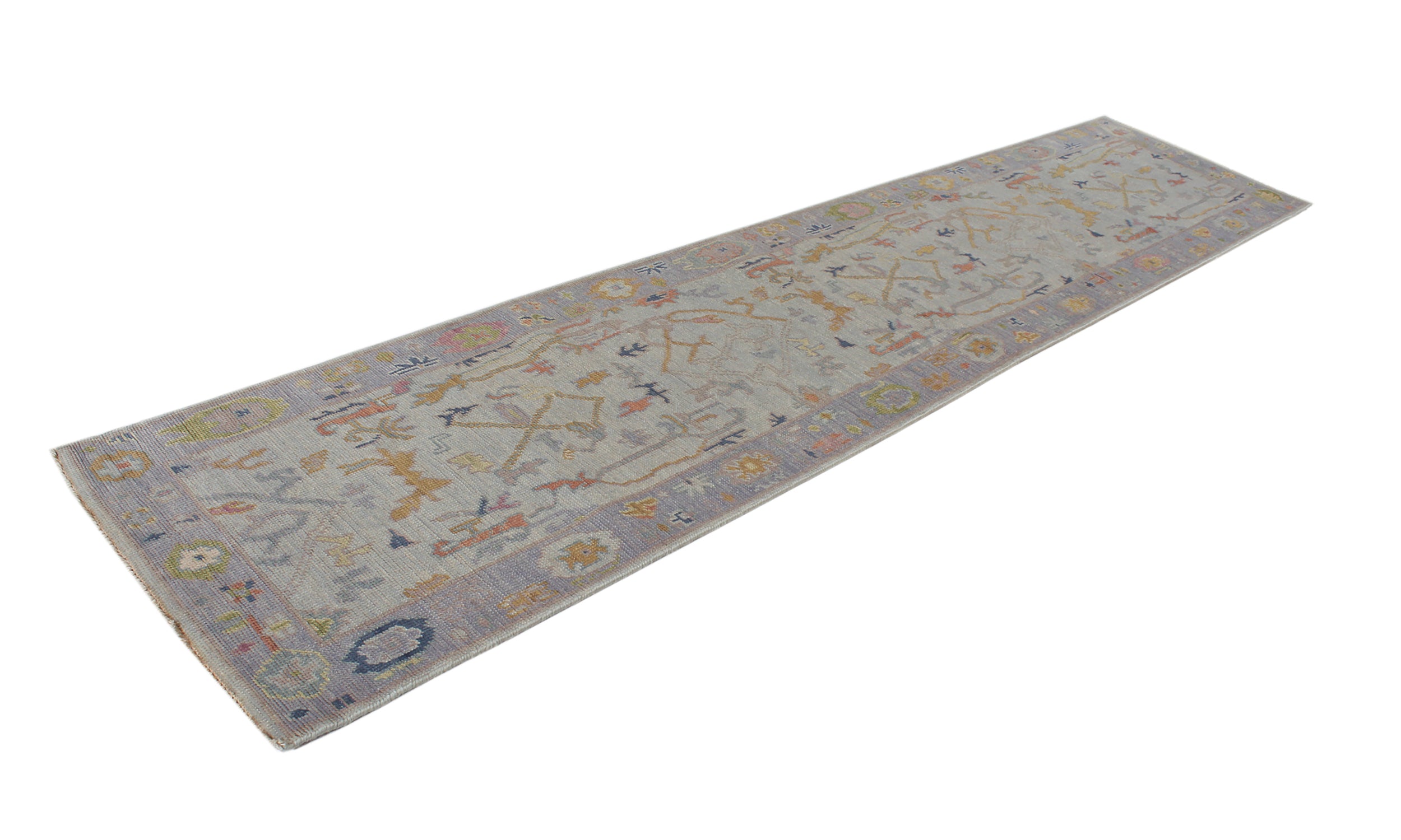 Hand-Knotted Oushak Runner in Mist Grey with Golden and Coral Accents