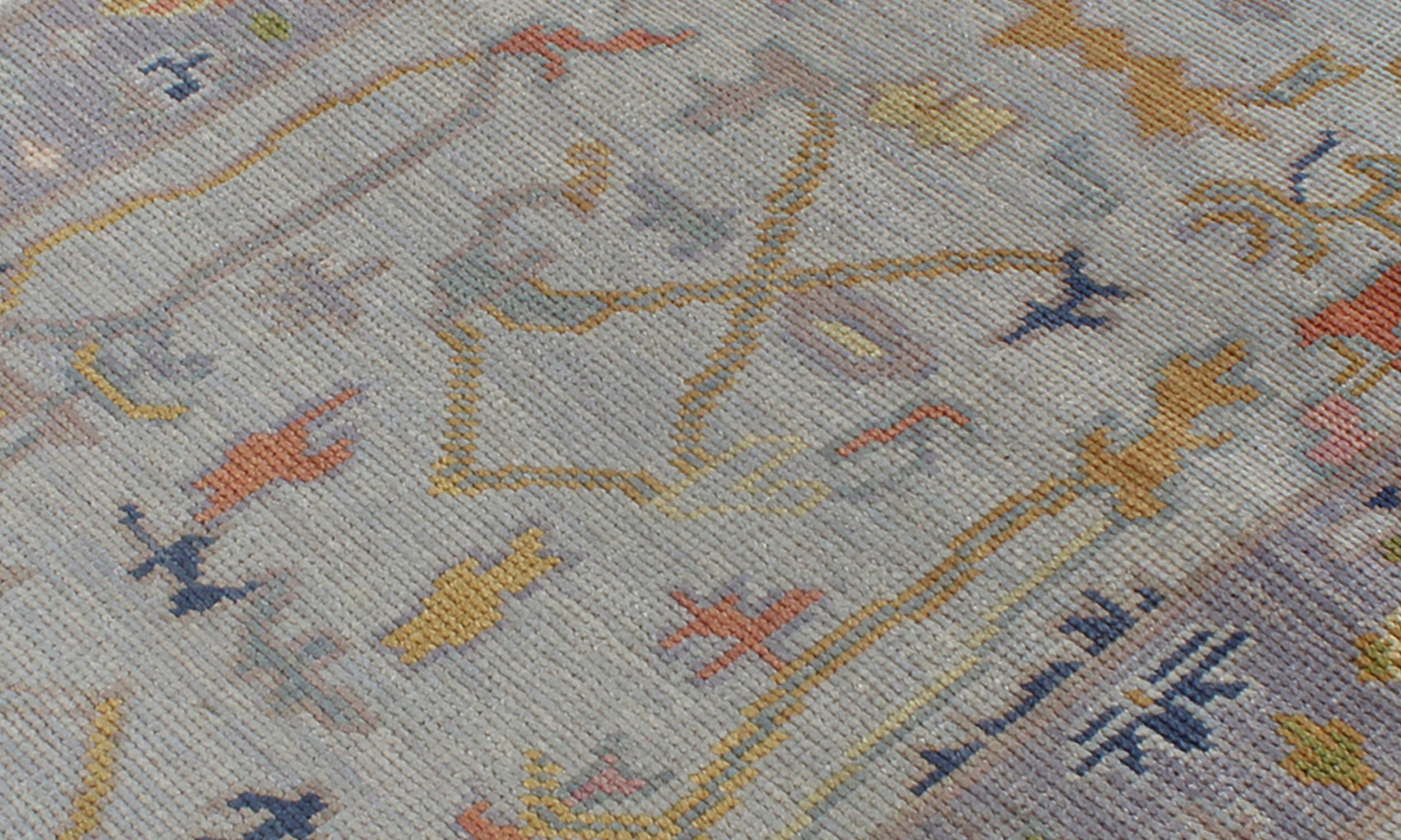 Hand-Knotted Oushak Runner in Mist Grey with Golden and Coral Accents