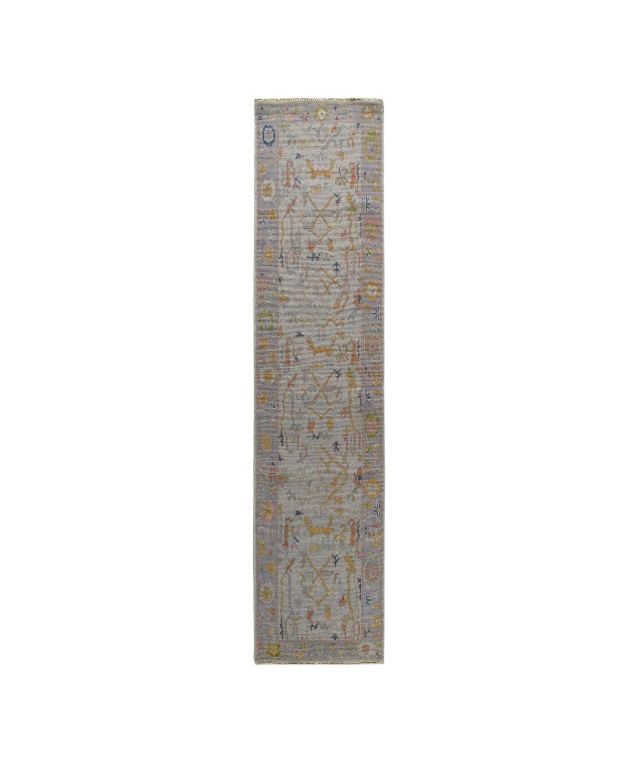 Hand-Knotted Oushak Runner in Mist Grey with Golden and Coral Accents