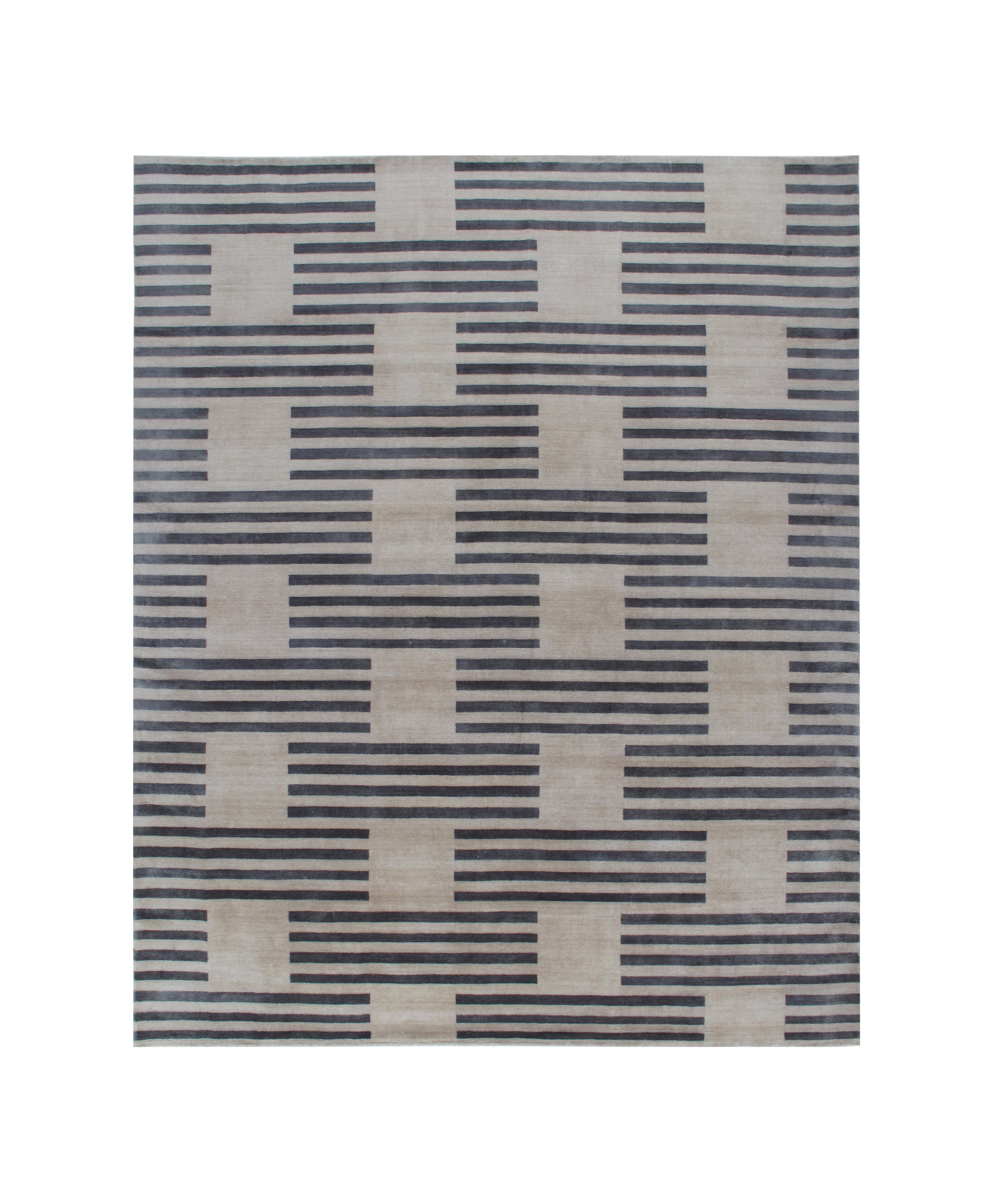 Modern Flat-Weave Rug with Taupe and Charcoal Striped Grid Pattern