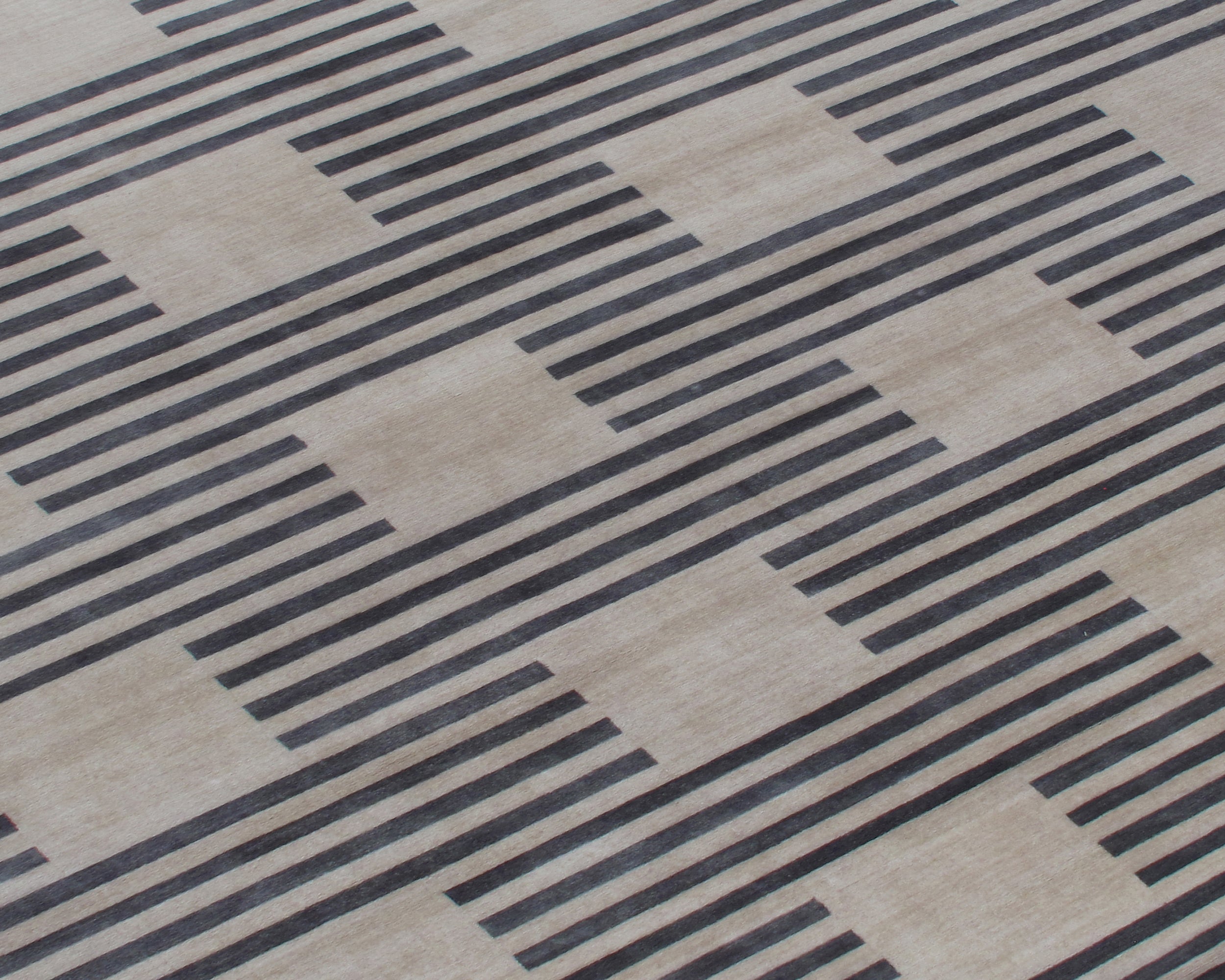 Modern Flat-Weave Rug with Taupe and Charcoal Striped Grid Pattern