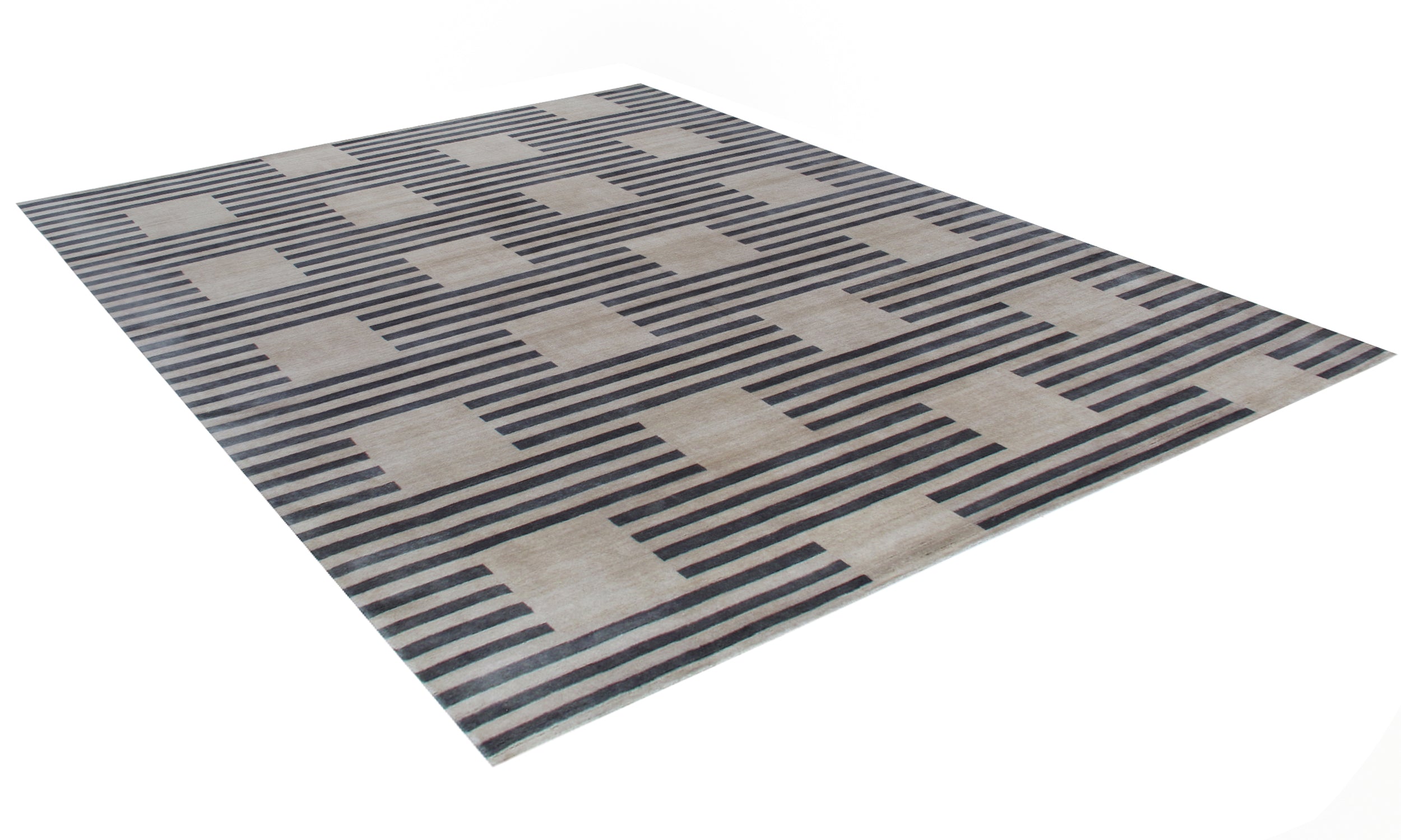 Modern Flat-Weave Rug with Taupe and Charcoal Striped Grid Pattern