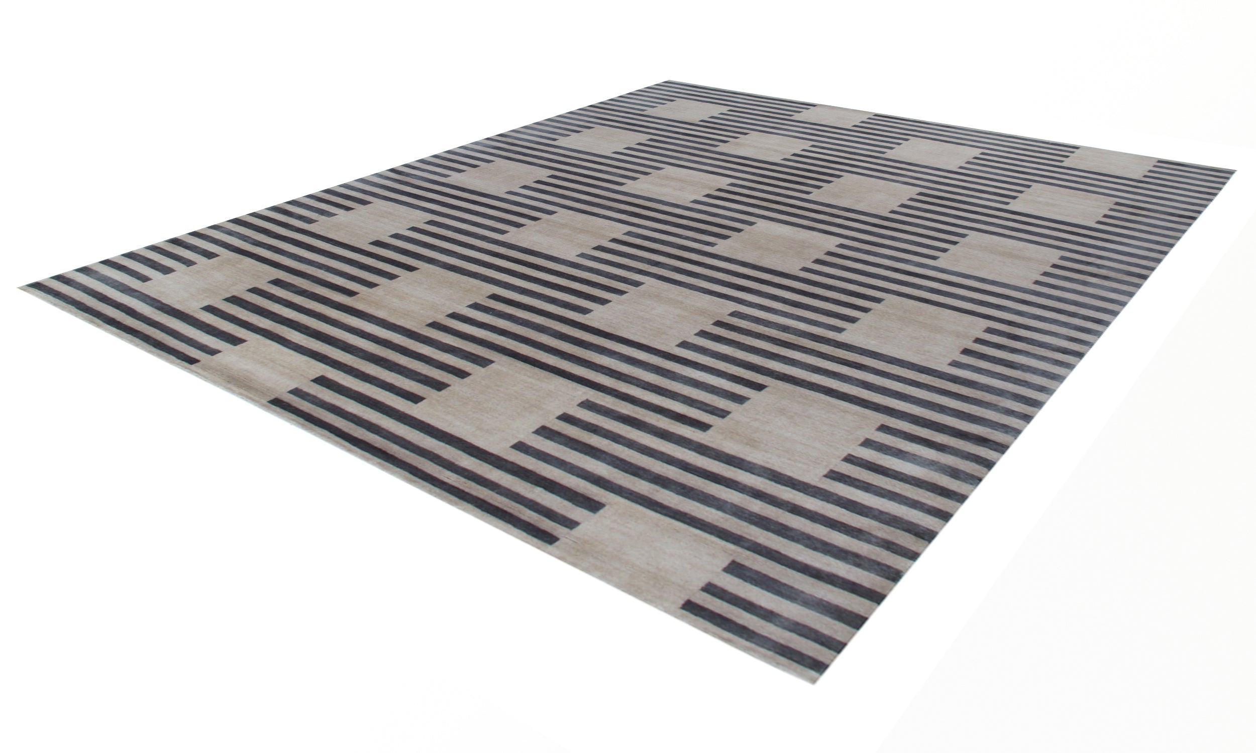 Modern Flat-Weave Rug with Taupe and Charcoal Striped Grid Pattern