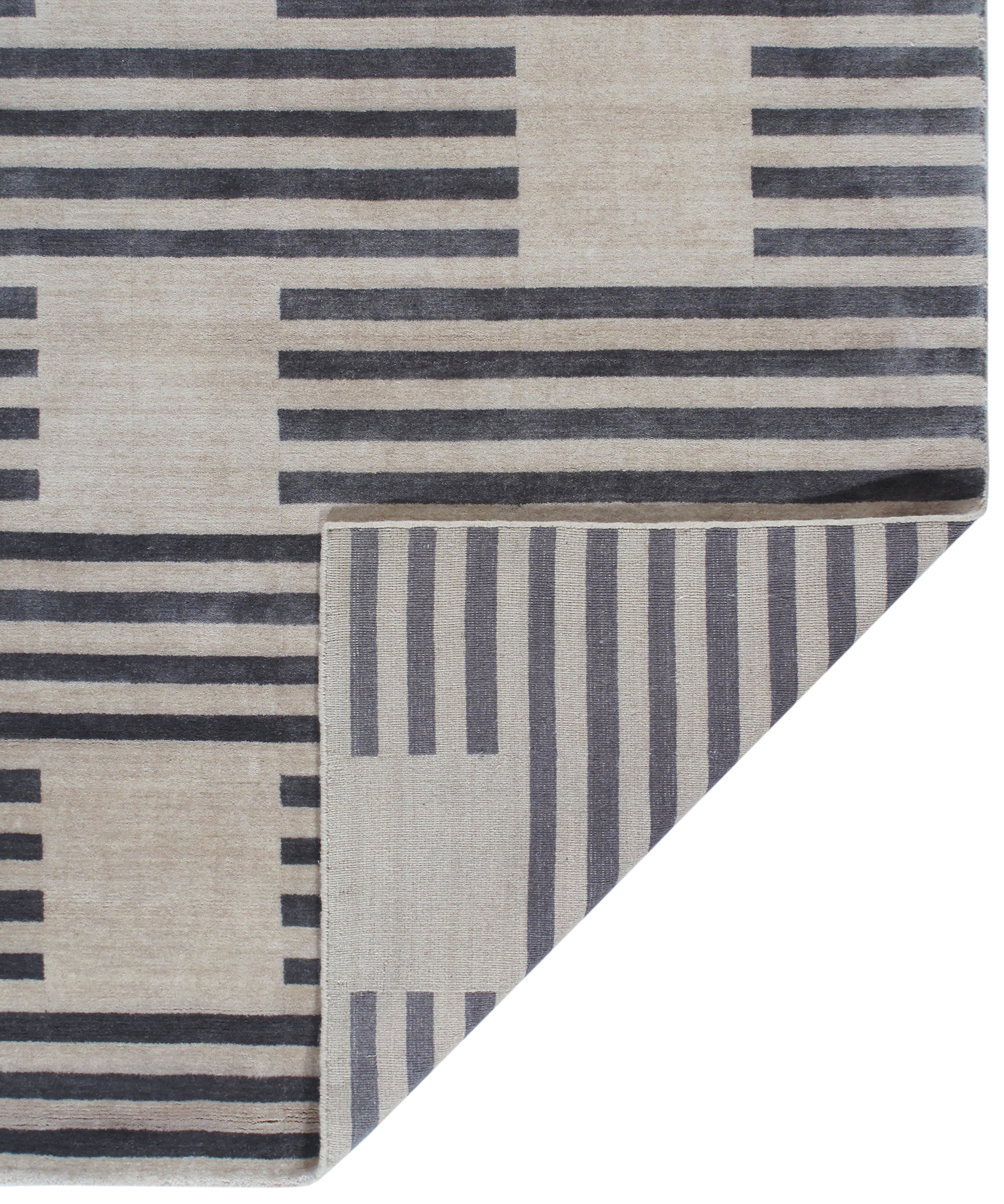 Modern Flat-Weave Rug with Taupe and Charcoal Striped Grid Pattern