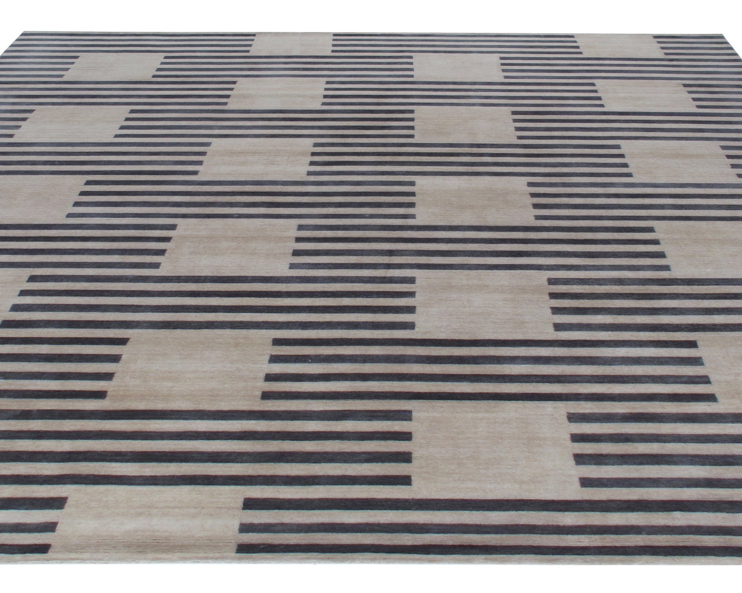 Modern Flat-Weave Rug with Taupe and Charcoal Striped Grid Pattern