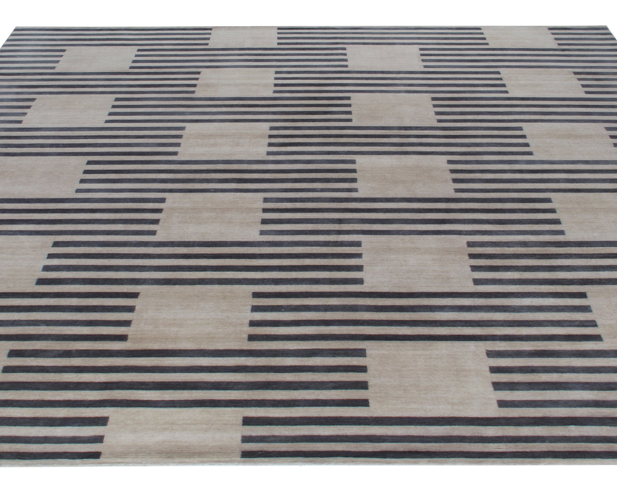 Modern Flat-Weave Rug with Taupe and Charcoal Striped Grid Pattern