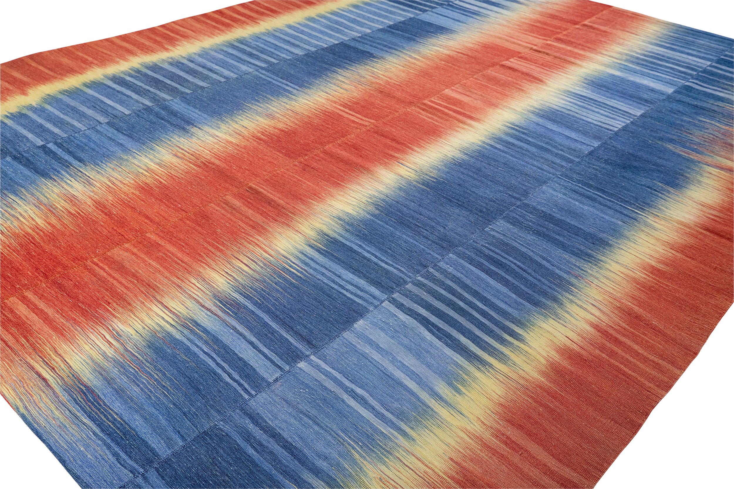 Indigo Blaze Wool Flatweave in Crimson, Cobalt, and Sunbeam Yellow