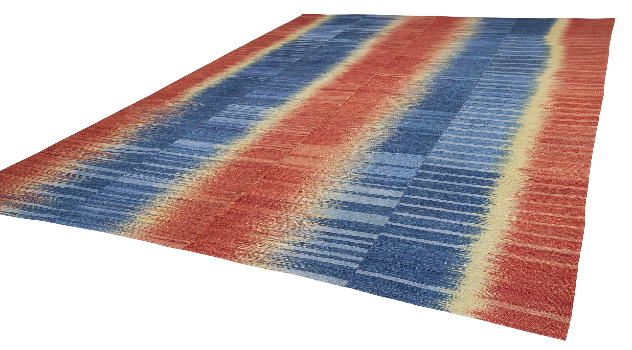 Indigo Blaze Wool Flatweave in Crimson, Cobalt, and Sunbeam Yellow
