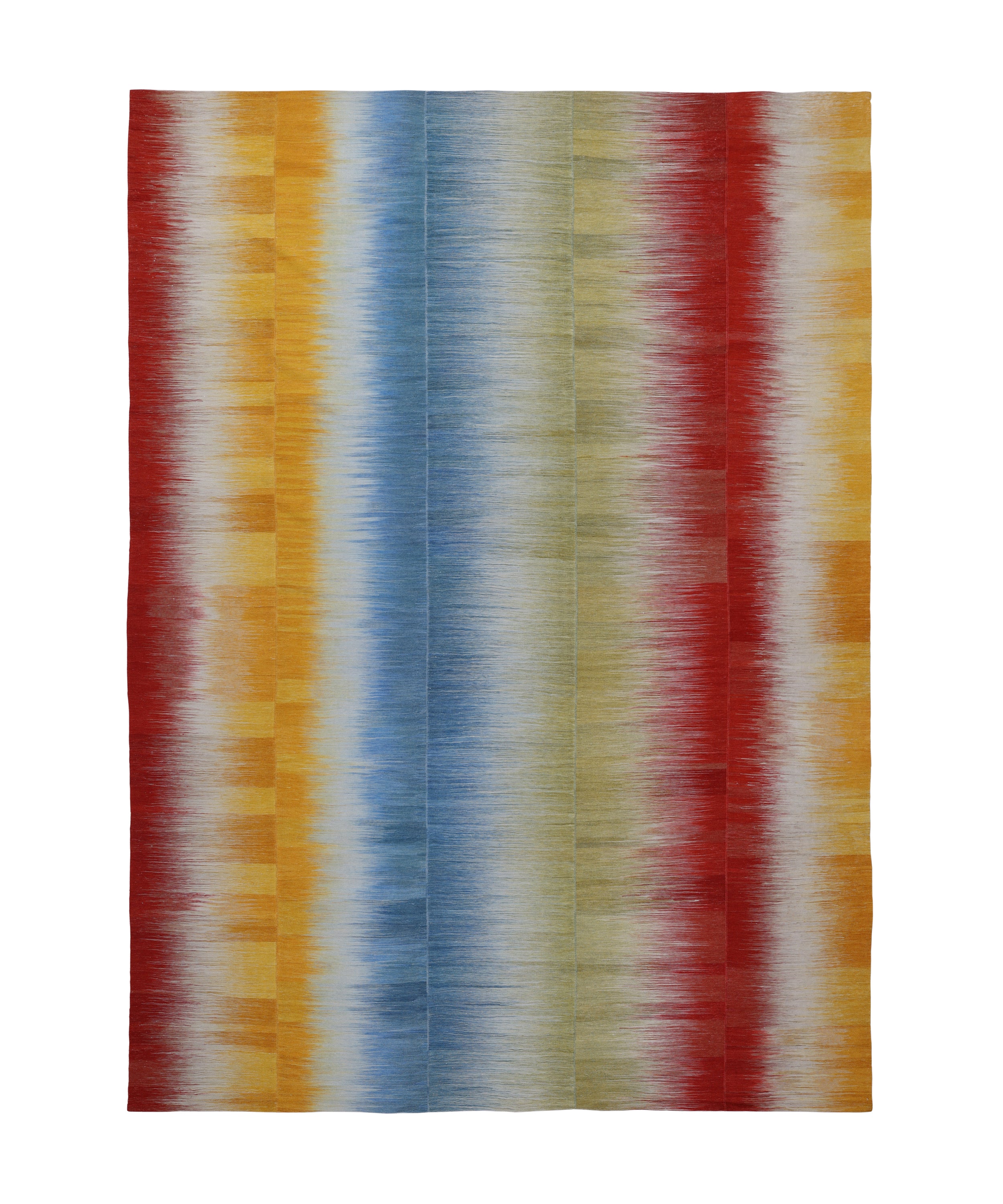 Sun Prism Wool Flatweave in Cerulean, Saffron, and Crimson Bands
