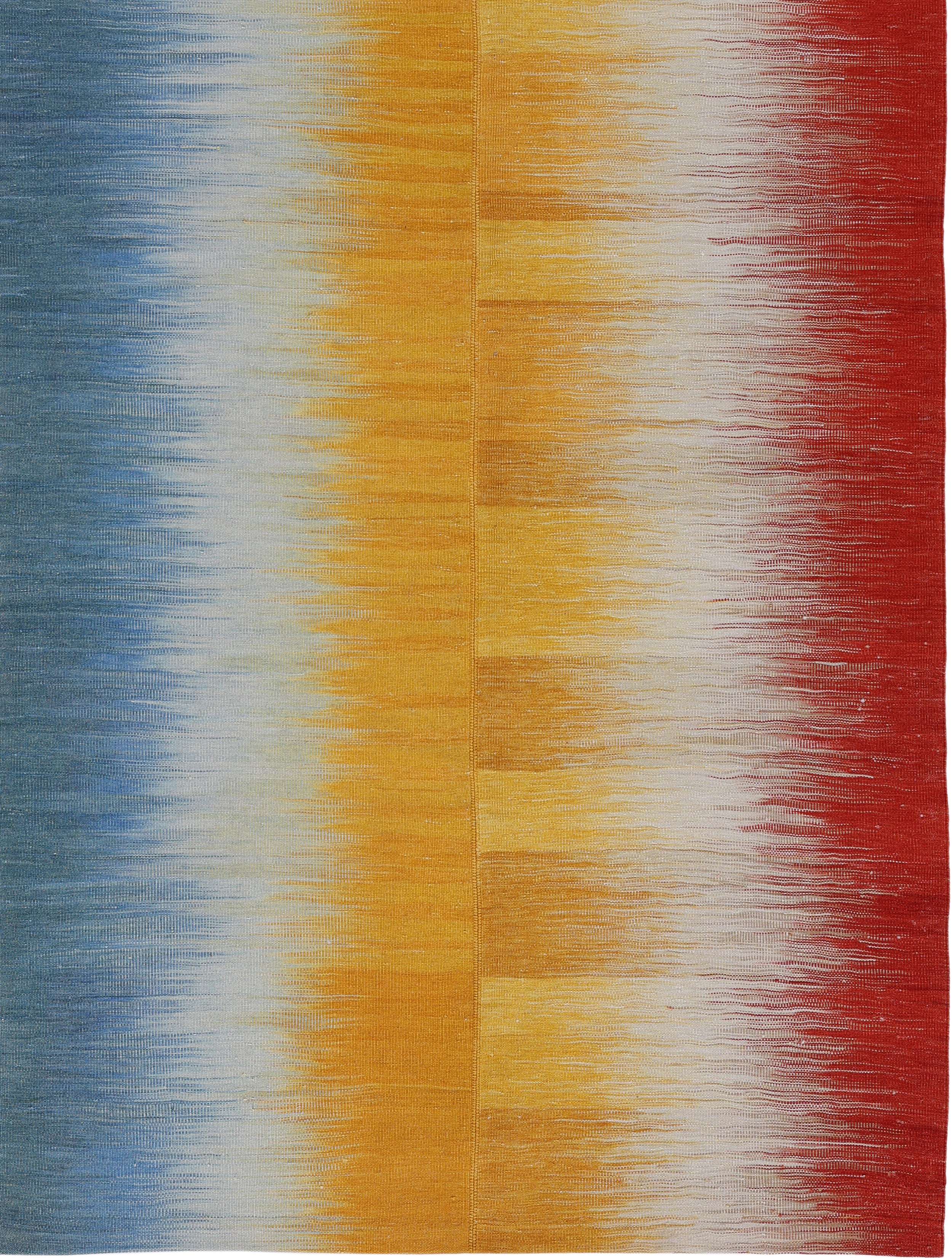 Sun Prism Wool Flatweave in Cerulean, Saffron, and Crimson Bands