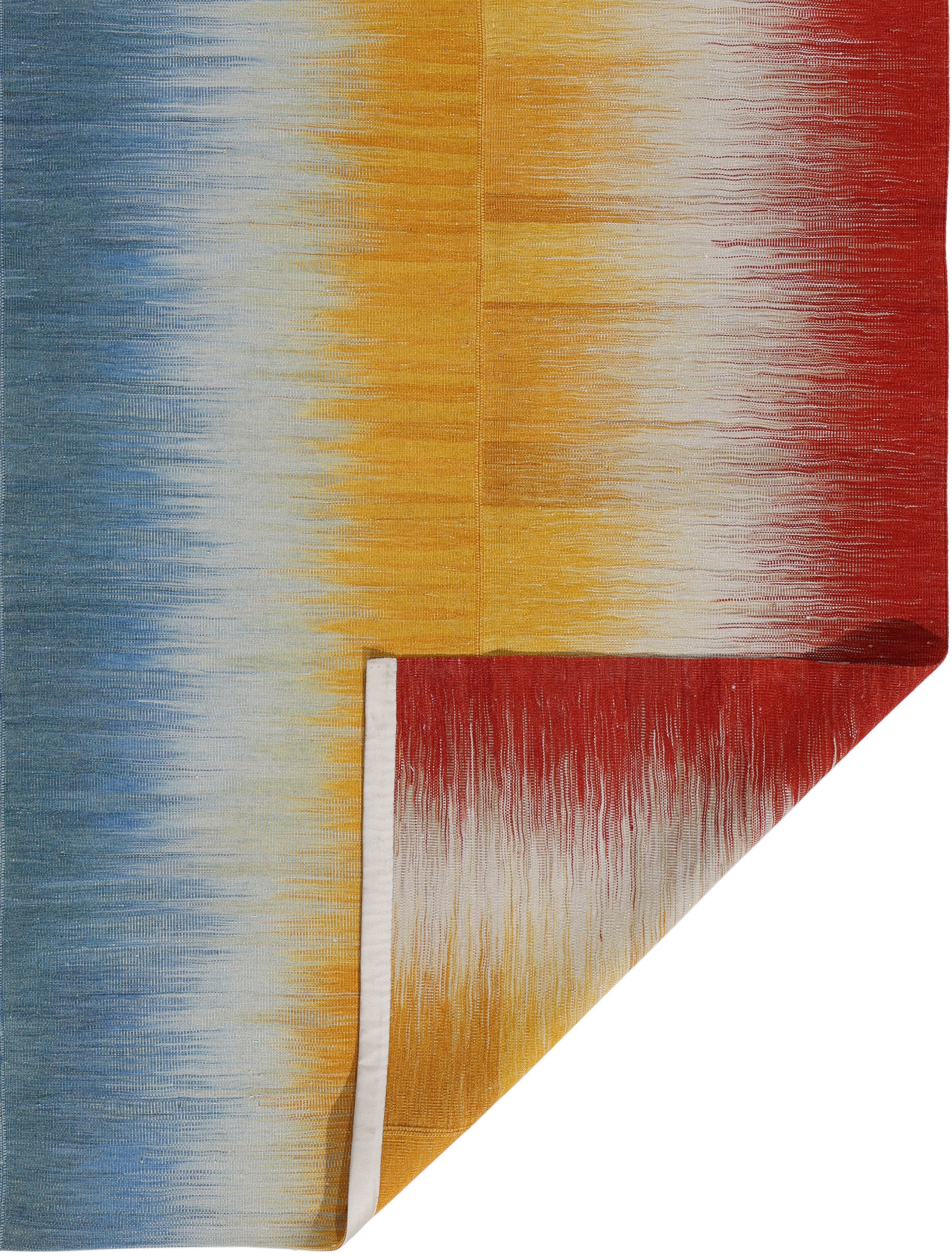 Sun Prism Wool Flatweave in Cerulean, Saffron, and Crimson Bands