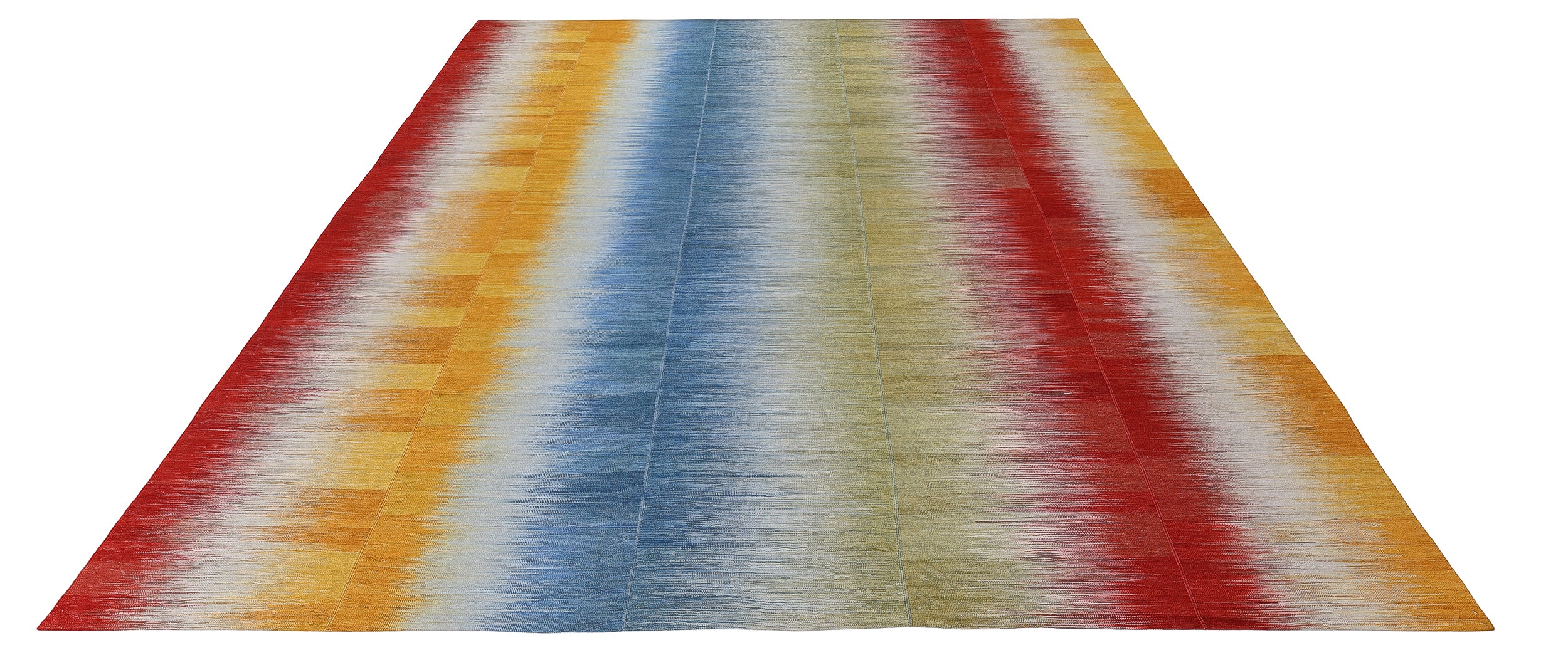 Sun Prism Wool Flatweave in Cerulean, Saffron, and Crimson Bands