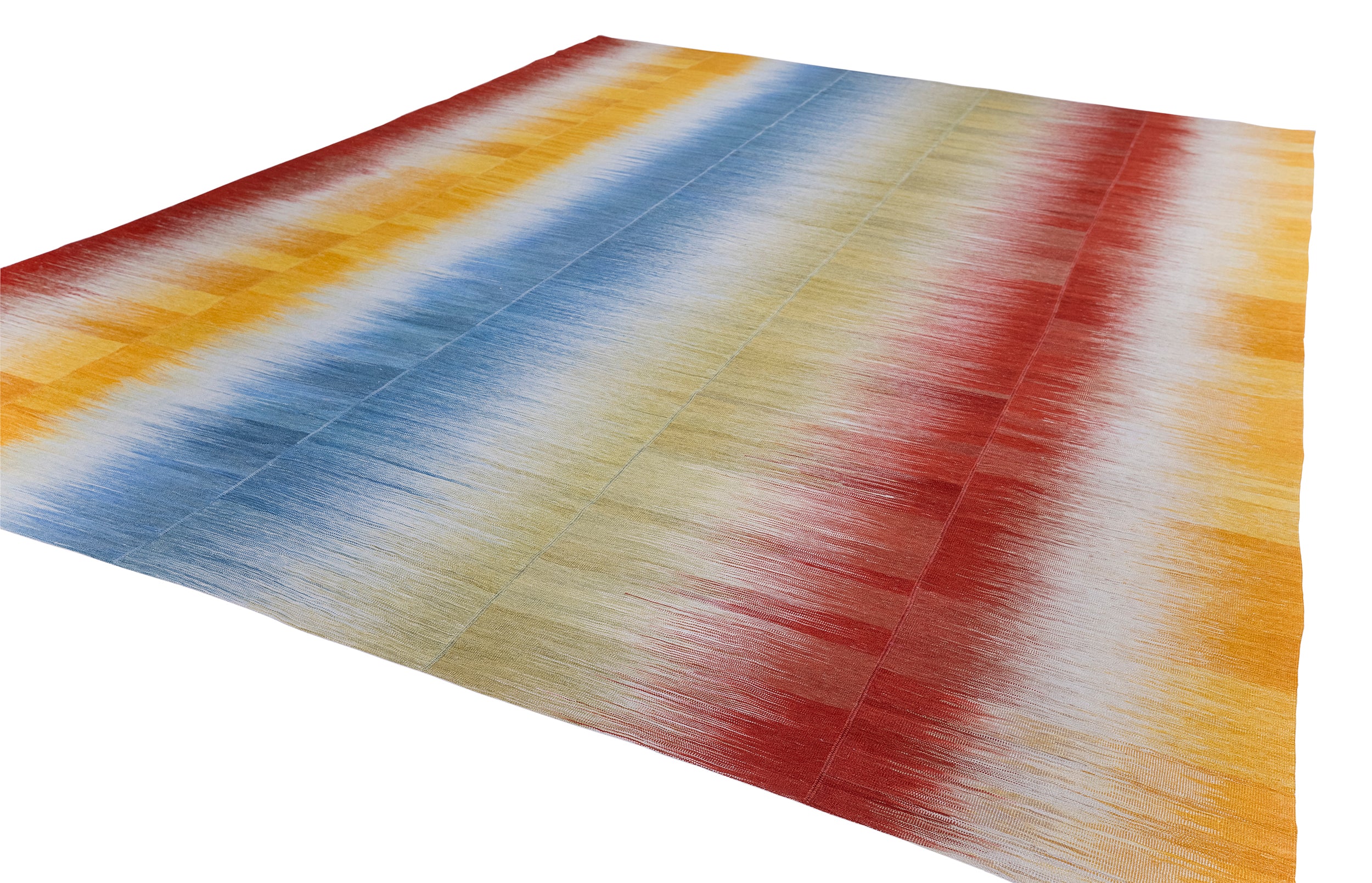 Sun Prism Wool Flatweave in Cerulean, Saffron, and Crimson Bands