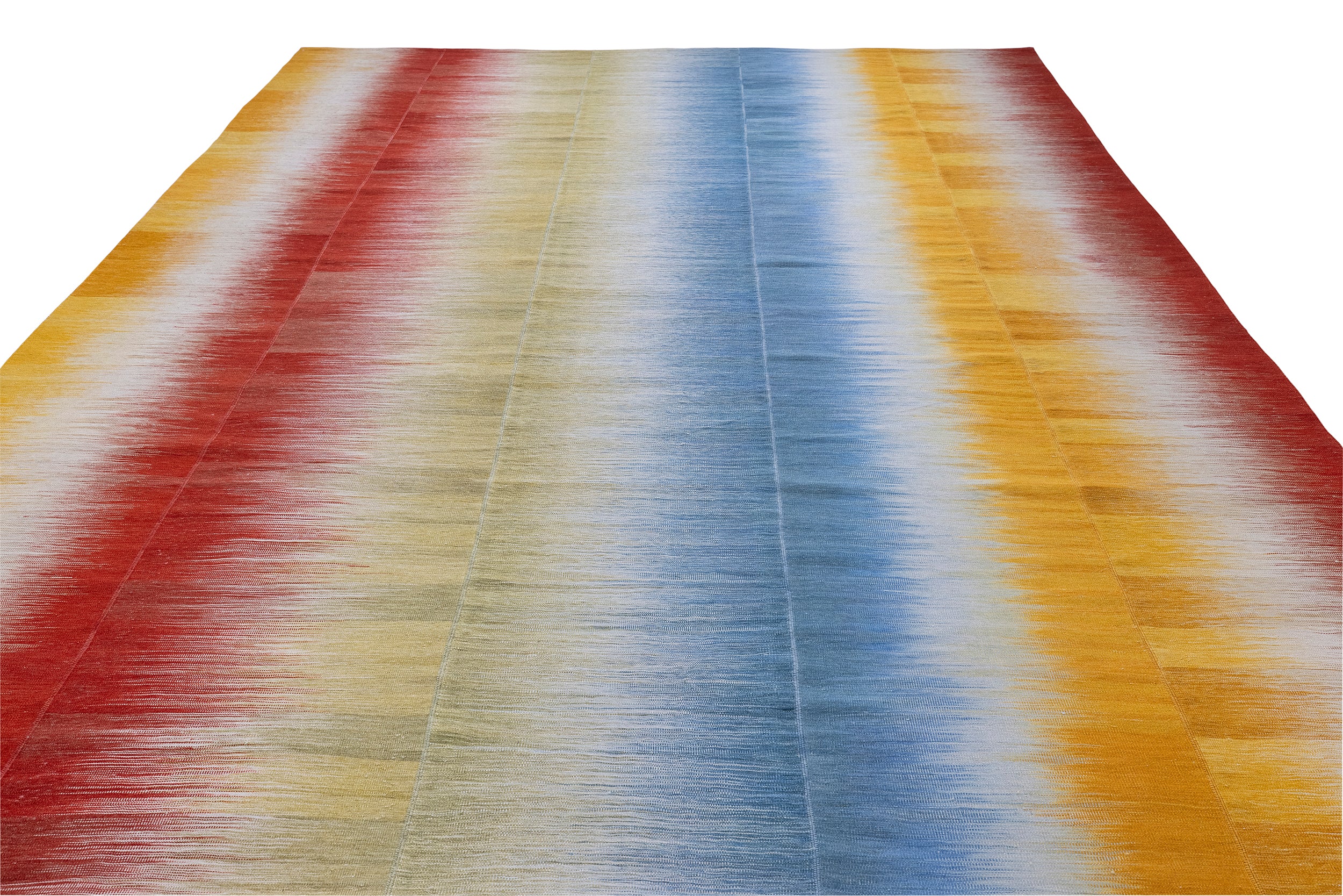 Sun Prism Wool Flatweave in Cerulean, Saffron, and Crimson Bands