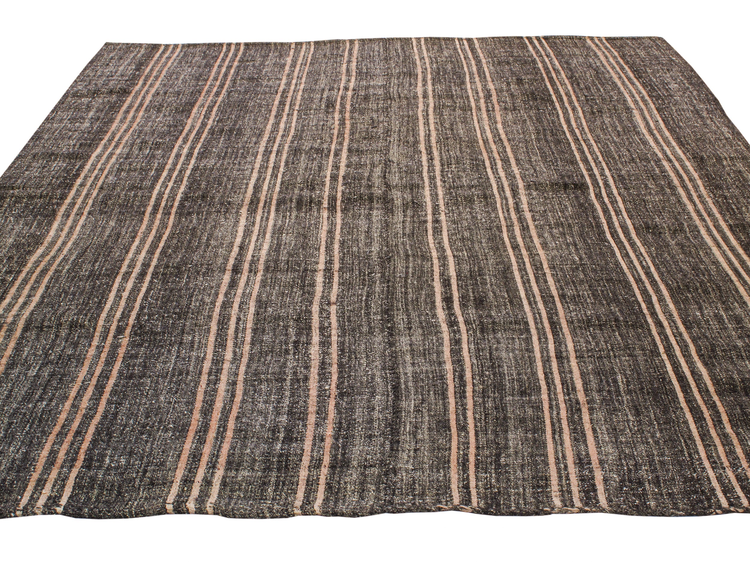 Vintage Brown Flatweave Rug with Terracotta Stripes
