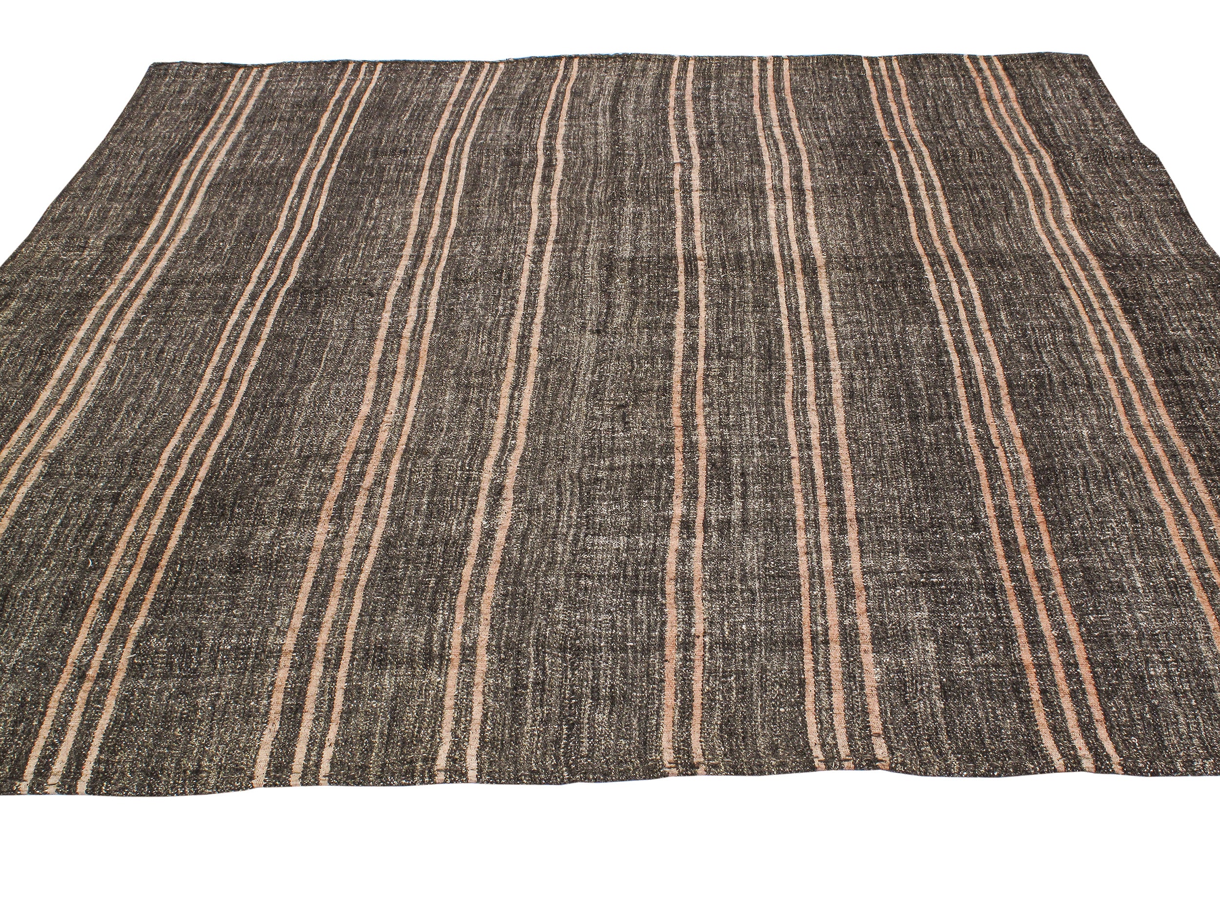 Vintage Brown Flatweave Rug with Terracotta Stripes
