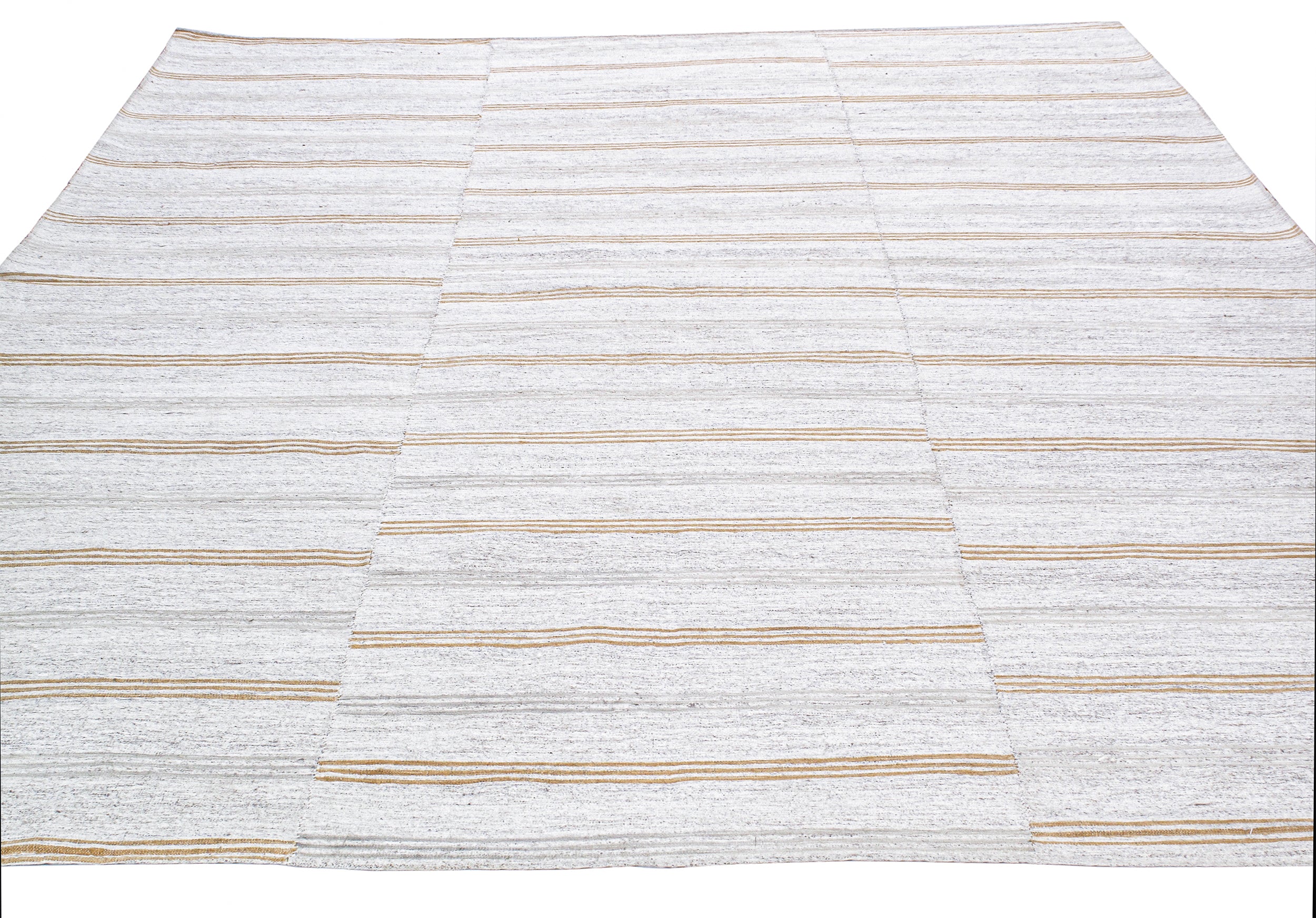 Modern Ivory Flatweave Rug with Golden Horizontal Stripes