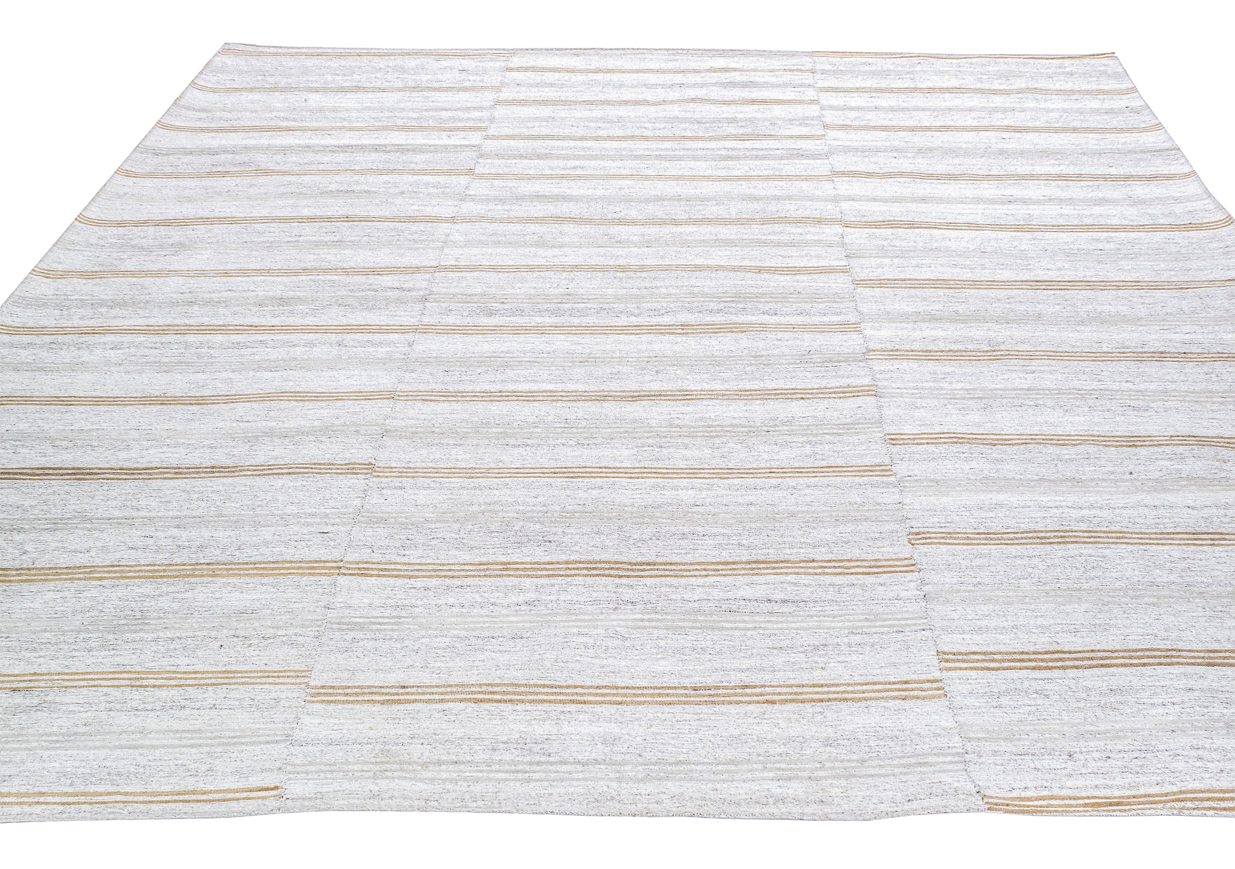 Modern Ivory Flatweave Rug with Golden Horizontal Stripes