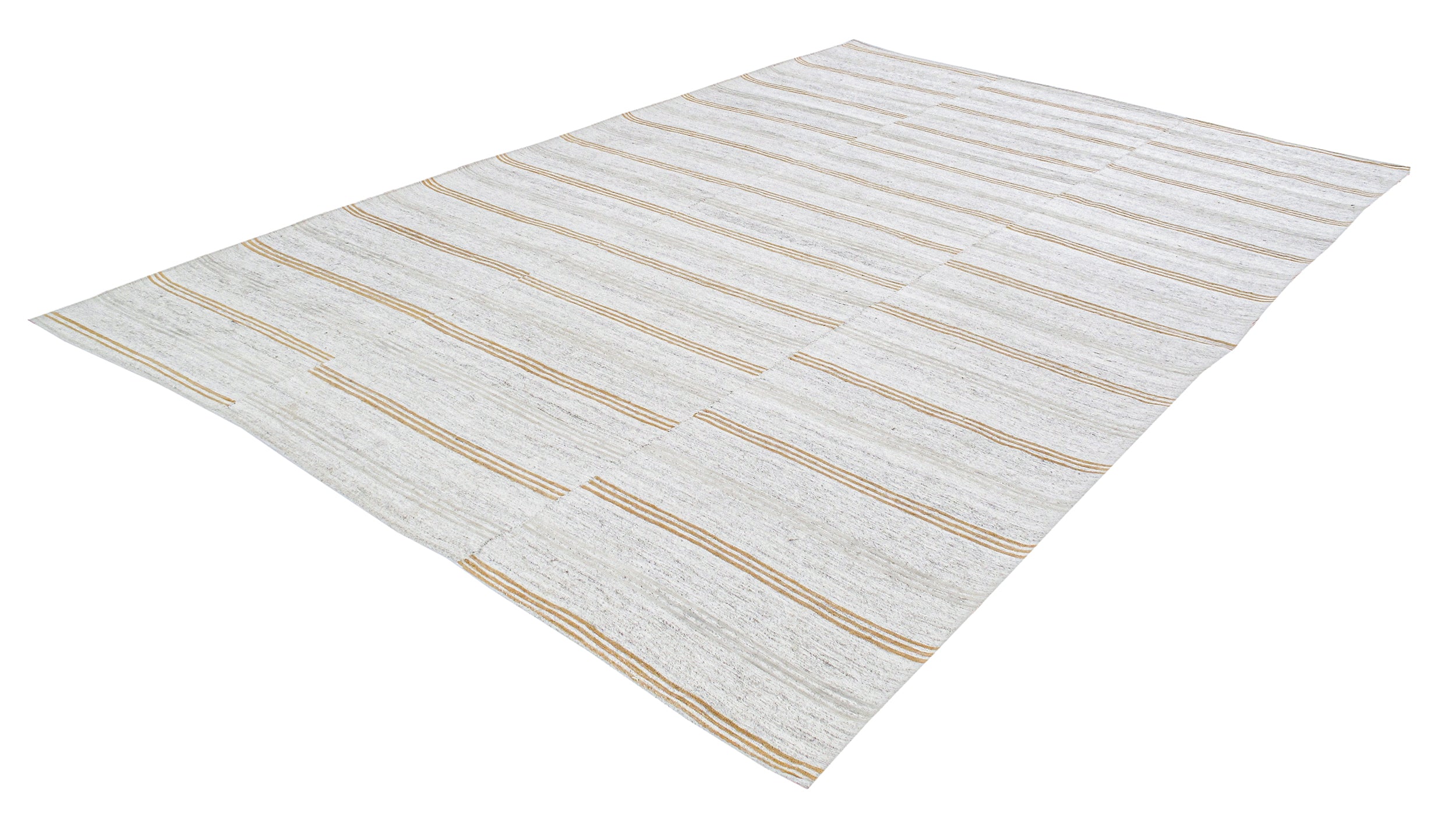 Modern Ivory Flatweave Rug with Golden Horizontal Stripes
